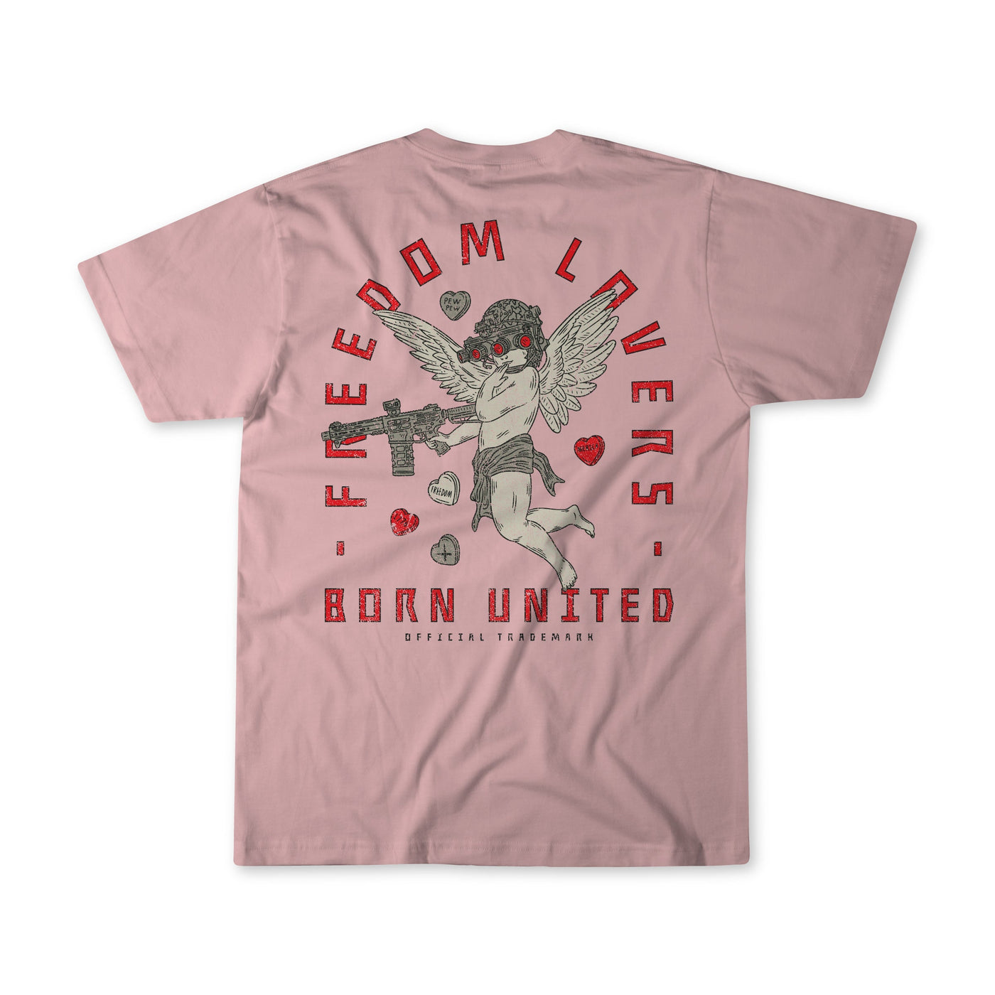 Pink t-shirt with a graphic of a winged cherub holding a gun, surrounded by hearts and wearing sunglasses. Text above reads FREEDOM LOVERS and below reads BORN UNITED.