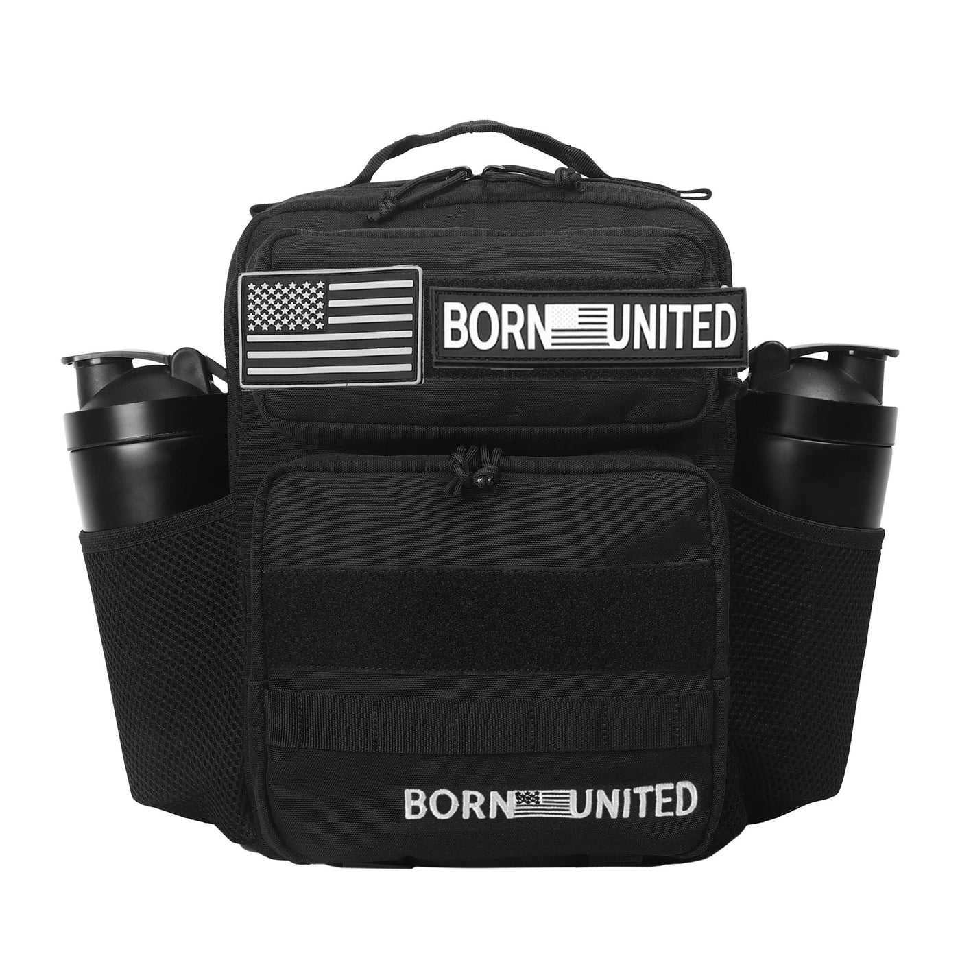A black backpack with two side pockets holding bottles, American flag patches, and text that reads BORN UNITED on the front and bottom.