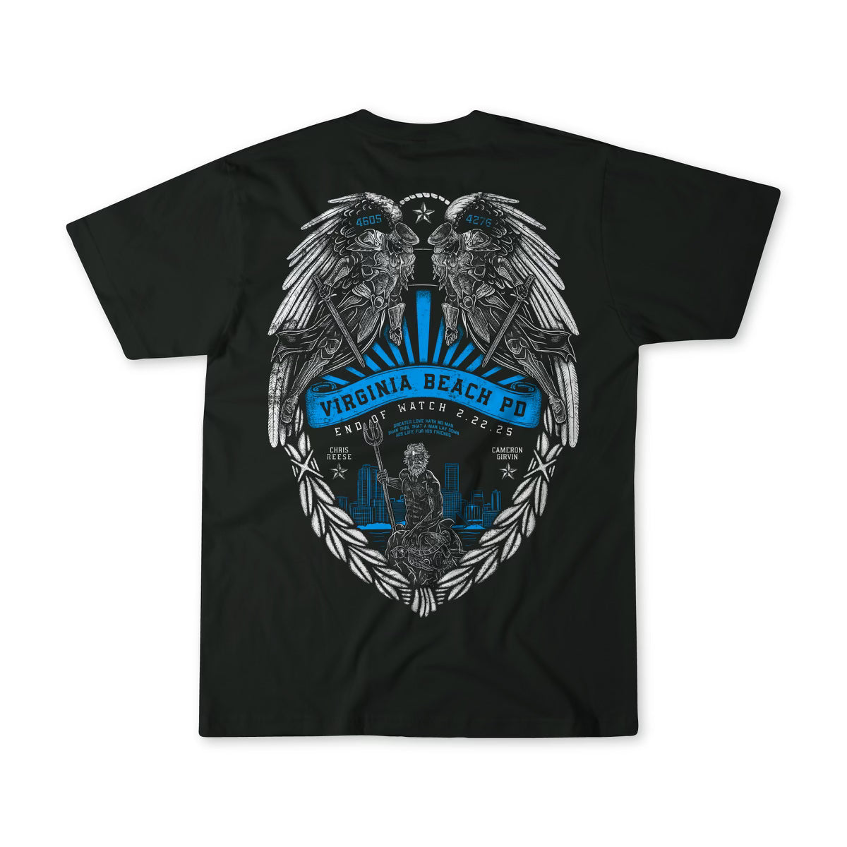 Black T-shirt with a graphic showing two winged figures, city skyline, and olive branches. Text reads Virginia Beach PD, End of Watch 2.25.23, in blue and white lettering.