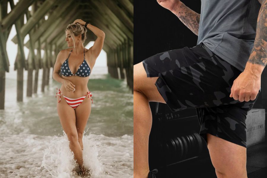 A woman in a stars-and-stripes bikini stands in the ocean under a pier; beside her, a man in a gym wears black camo shorts and lifts his knee in an exercise pose.
