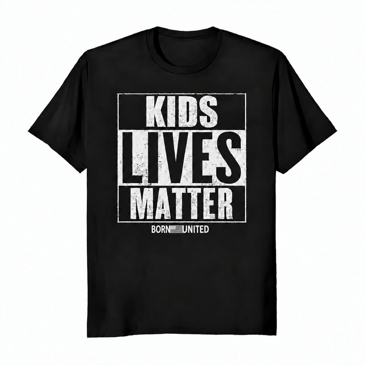Introducing the Kid’s Lives Matter t-shirt by Born United Private Label—a black tee featuring bold white “Kids Lives Matter” text and smaller “Born United” underneath. Now available for pre-order, with estimated shipping details provided at checkout.