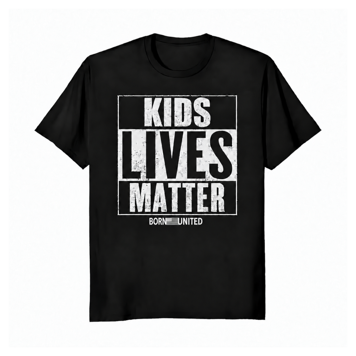 Introducing the Kid’s Lives Matter t-shirt by Born United Private Label—a black tee featuring bold white “Kids Lives Matter” text and smaller “Born United” underneath. Now available for pre-order, with estimated shipping details provided at checkout.