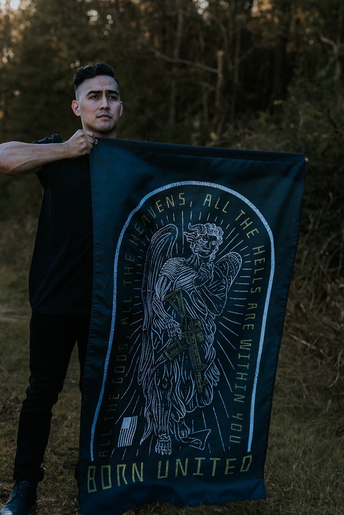 born united - heavens and hells banner with model