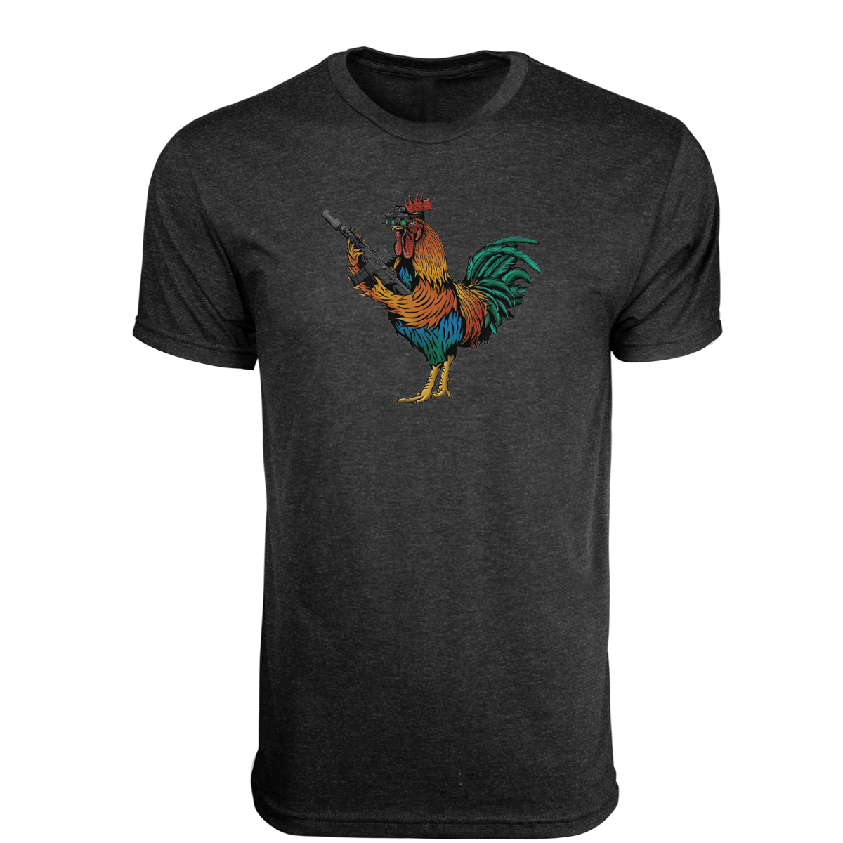 The Tacticock Tee by Black Rifle Coffee features a dark gray design with a vivid illustration of a rooster triumphantly holding a handgun. The rooster stands on one leg with vibrant red, orange, green, and blue colors symbolizing victory.