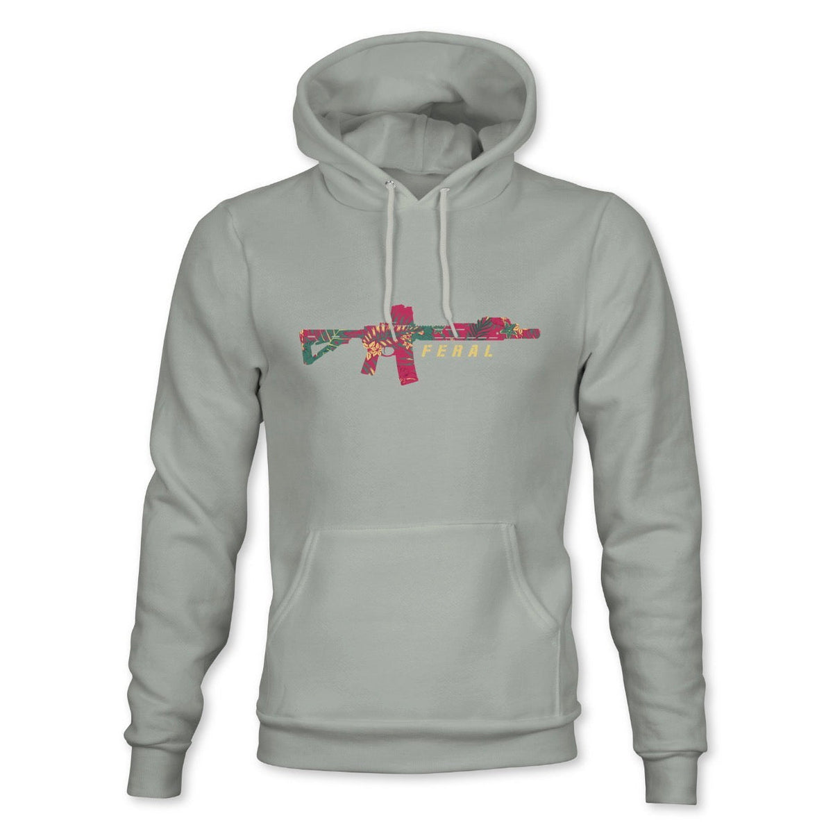 The Feral - Premium Dusty Sage Hoodie by Tango Charlie Apparel is a light gray, mid-weight hooded sweatshirt featuring a floral-patterned rifle graphic with the word “FERAL” printed below it on the chest. Made from a high-quality cotton-polyester blend, this hoodie offers both comfort and durability.