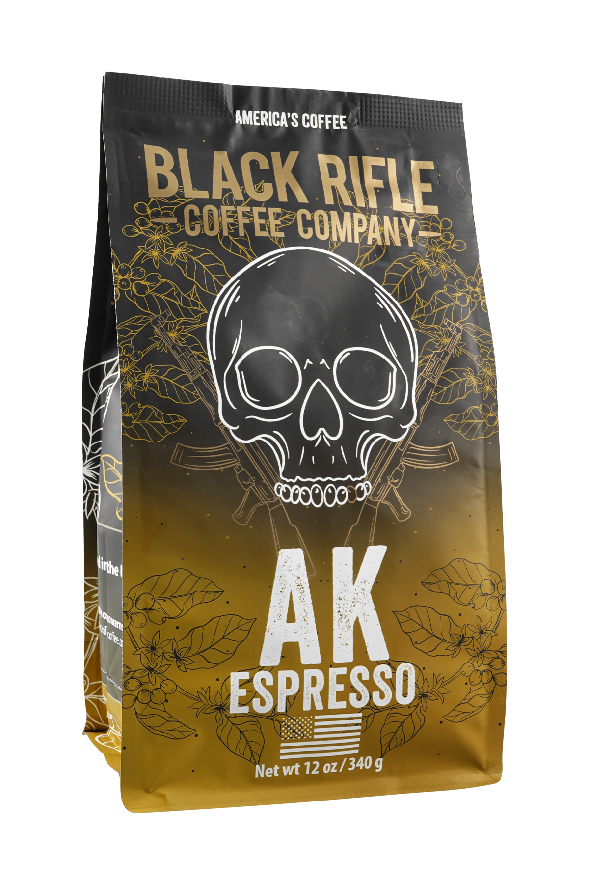 A 12 oz (340 g) bag of Black Rifle Coffees AK-47 Espresso Roast Whole Bean features bold Brazilian flavors and dark chocolate hints, adorned with a skull logo and coffee plant designs on black and gold packaging.