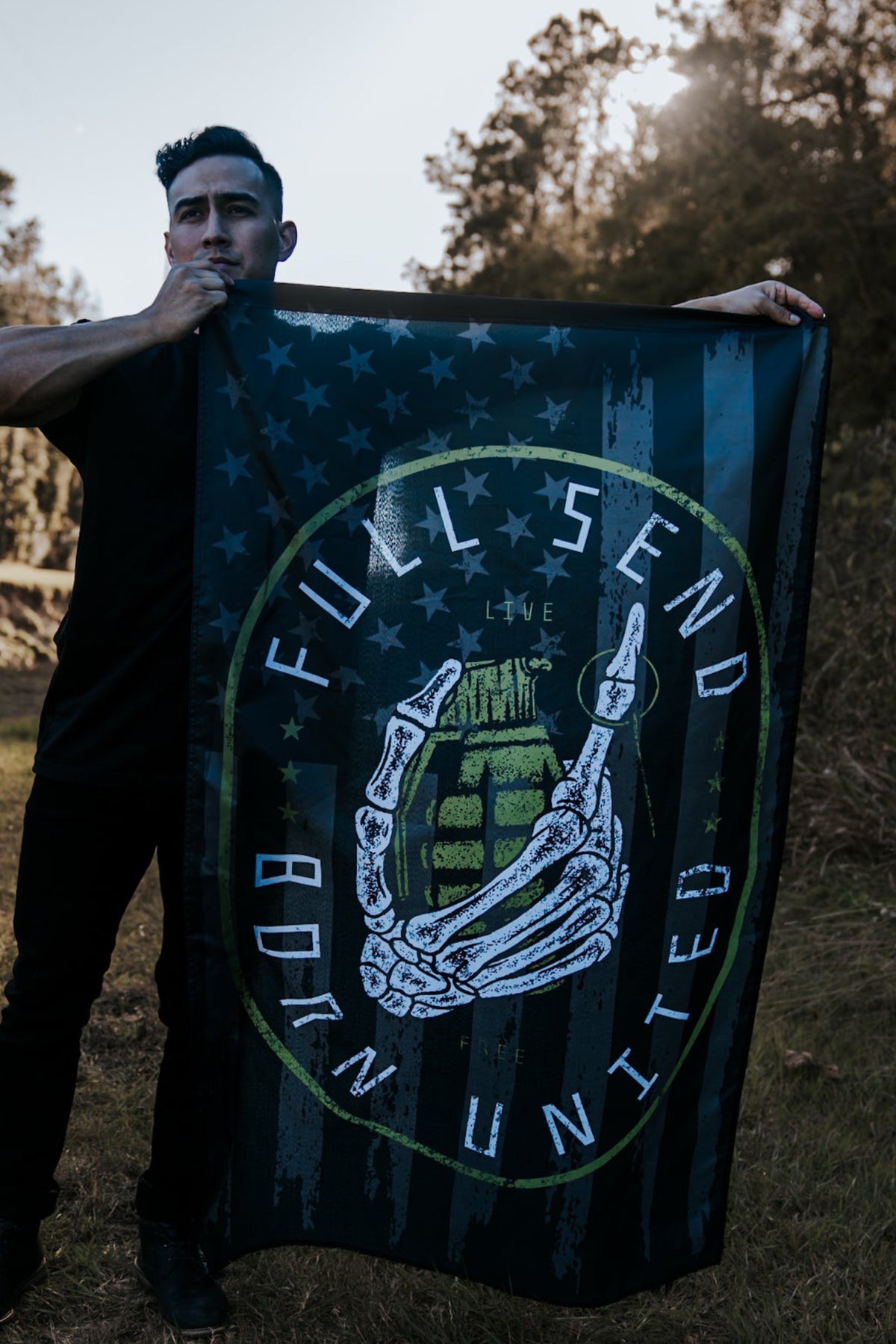 born united - full send flag with model