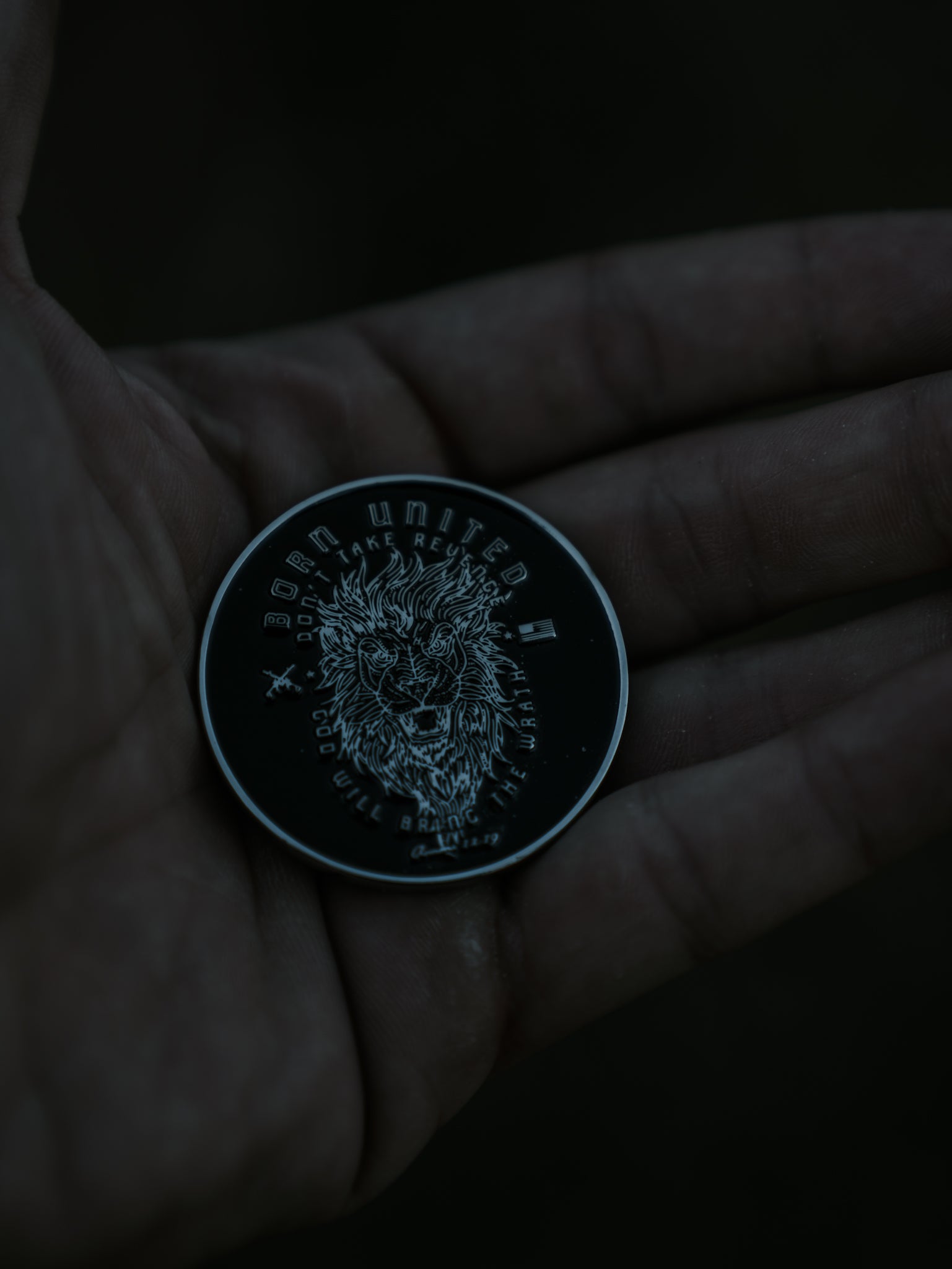 A dark-toned image features a hand holding the Revenge Challenge Coin from Born United Private Label. Adorned with a detailed lions head and Born United, the coin stands out against the dim background, emphasizing its intricate design and the lines of the palm beneath.