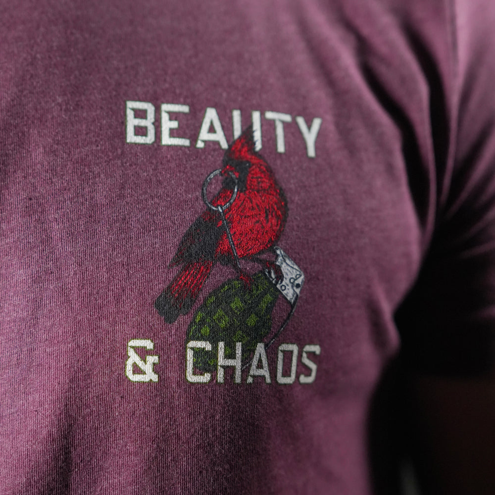 tango charlie - beauty and chaos maroon tee front detail