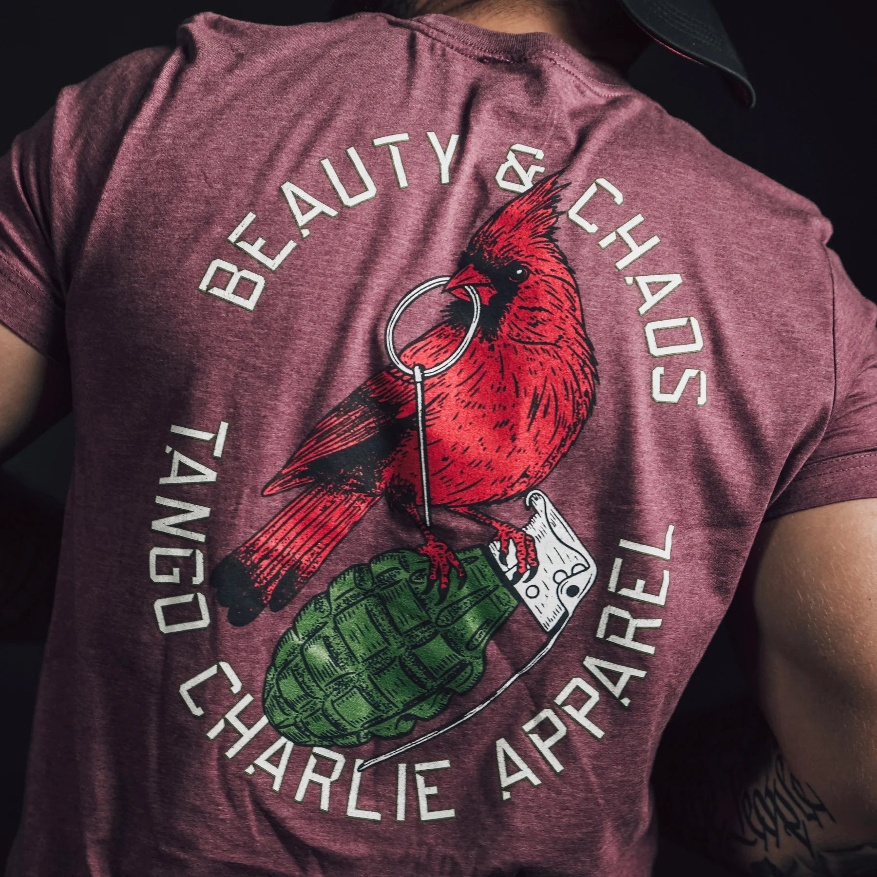 tango charlie - beauty and chaos maroon tee back