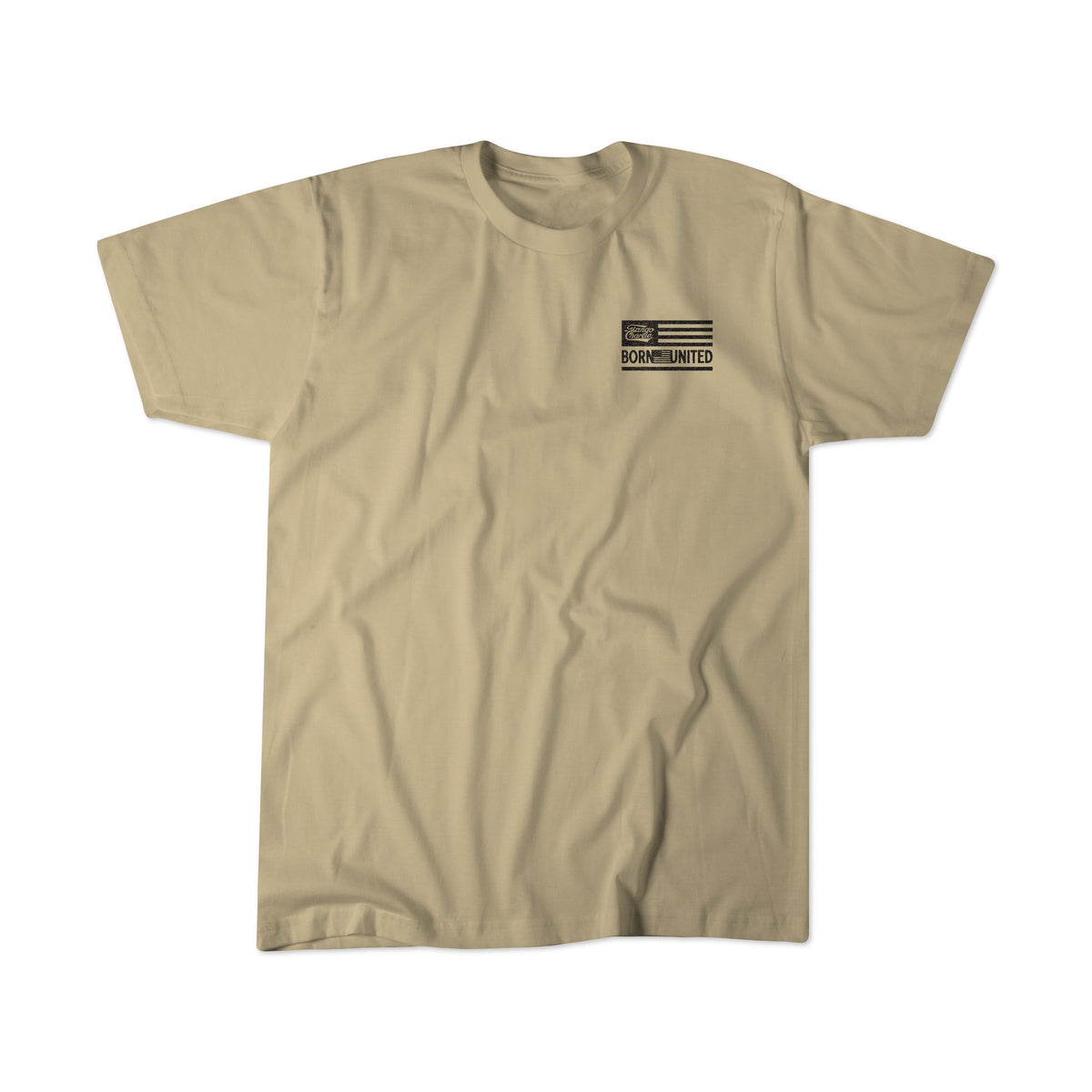 Tan short-sleeve Lift Heavy. Shoot Guns. shirt by Tango Charlie Apparel, featuring a small black and white flag and Born Unlimited on the left chest, made from a soft cotton-poly blend, shown laid flat on a white background.