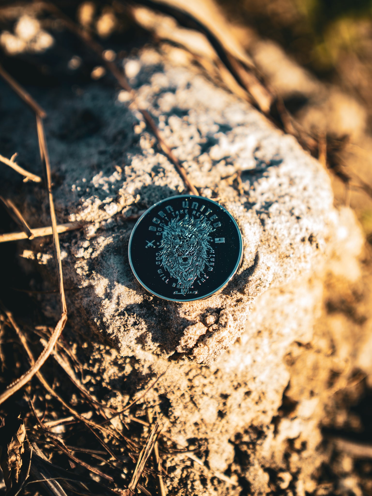 The Revenge Challenge Coin by Born United Private Label, with intricate black and silver designs, rests on a textured rock amidst dry grass. Bathed in warm sunlight, this scene perfectly captures an earthy and natural setting.