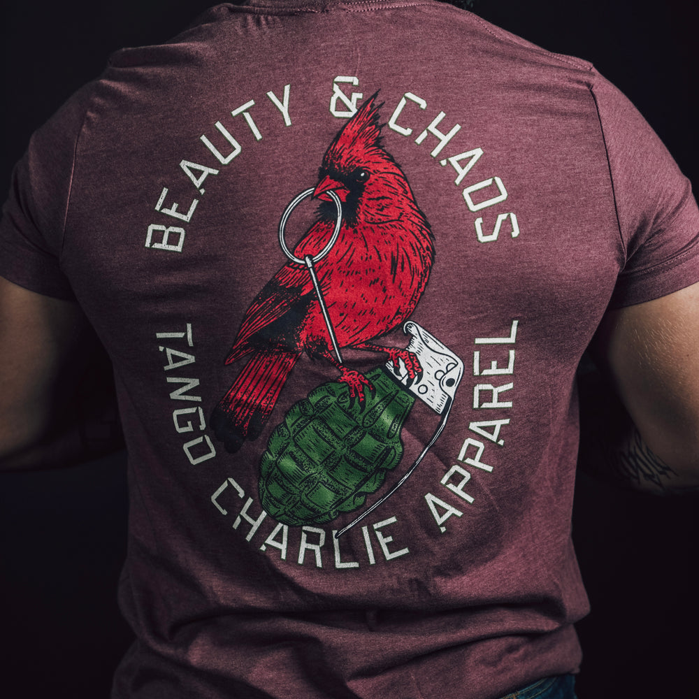 tango charlie - beauty and chaos maroon tee back on model