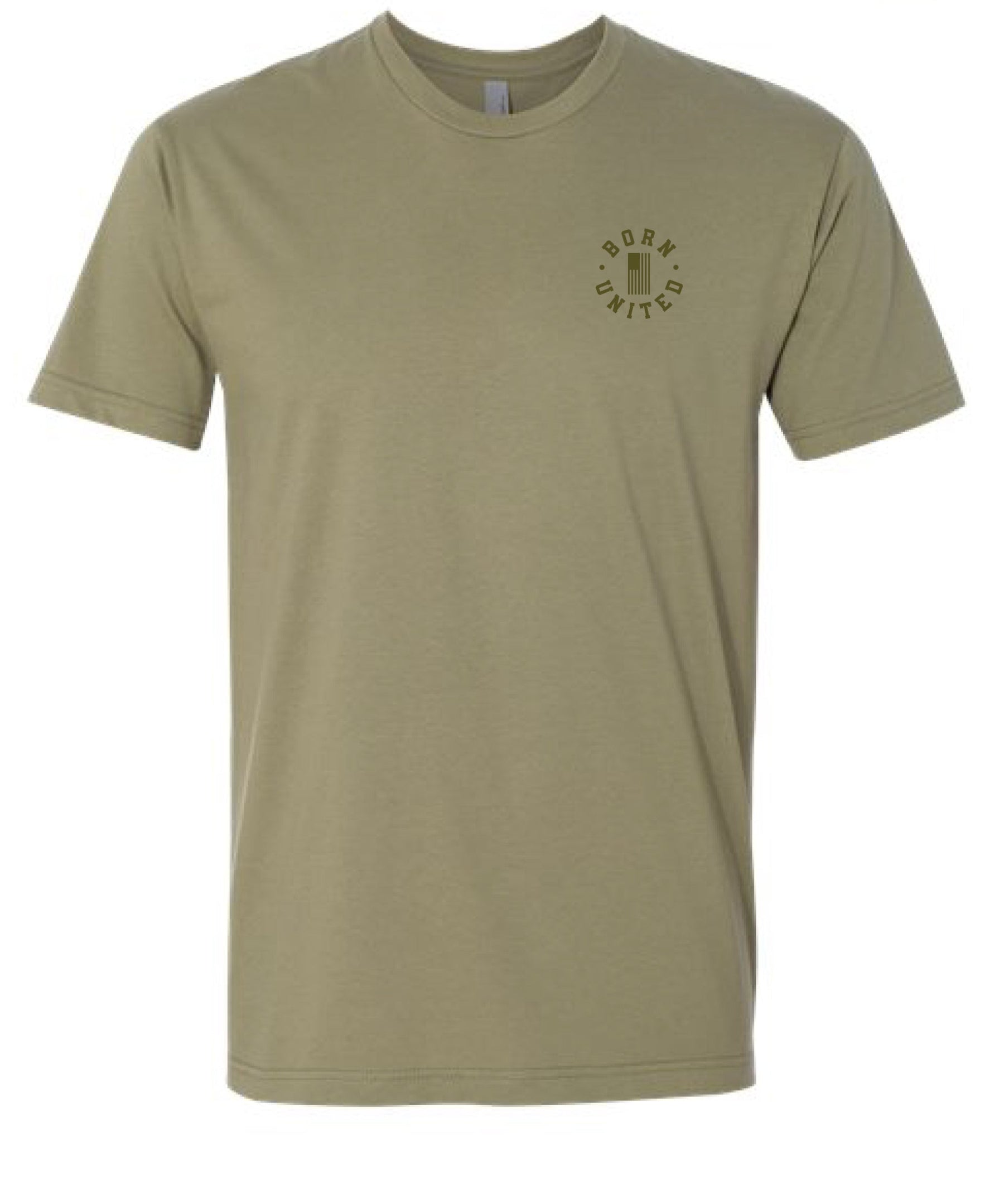 The Born United Private Label BU Basic Olive Tee is a light olive green cotton t-shirt with a small circular BORK UNITED logo and three vertical bars on the left chest, made from pre-shrunk fabric for lasting comfort.