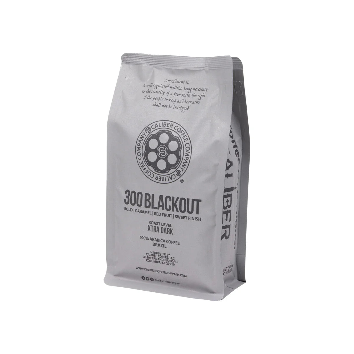 A 300 Blackout bag from Caliber Coffee Company offers a specialty-grade, single-origin dark roast with bold caramel and red fruit notes and a sweet finish. Packaged in gray with black text, its made from 100% Arabica beans from Brazil.