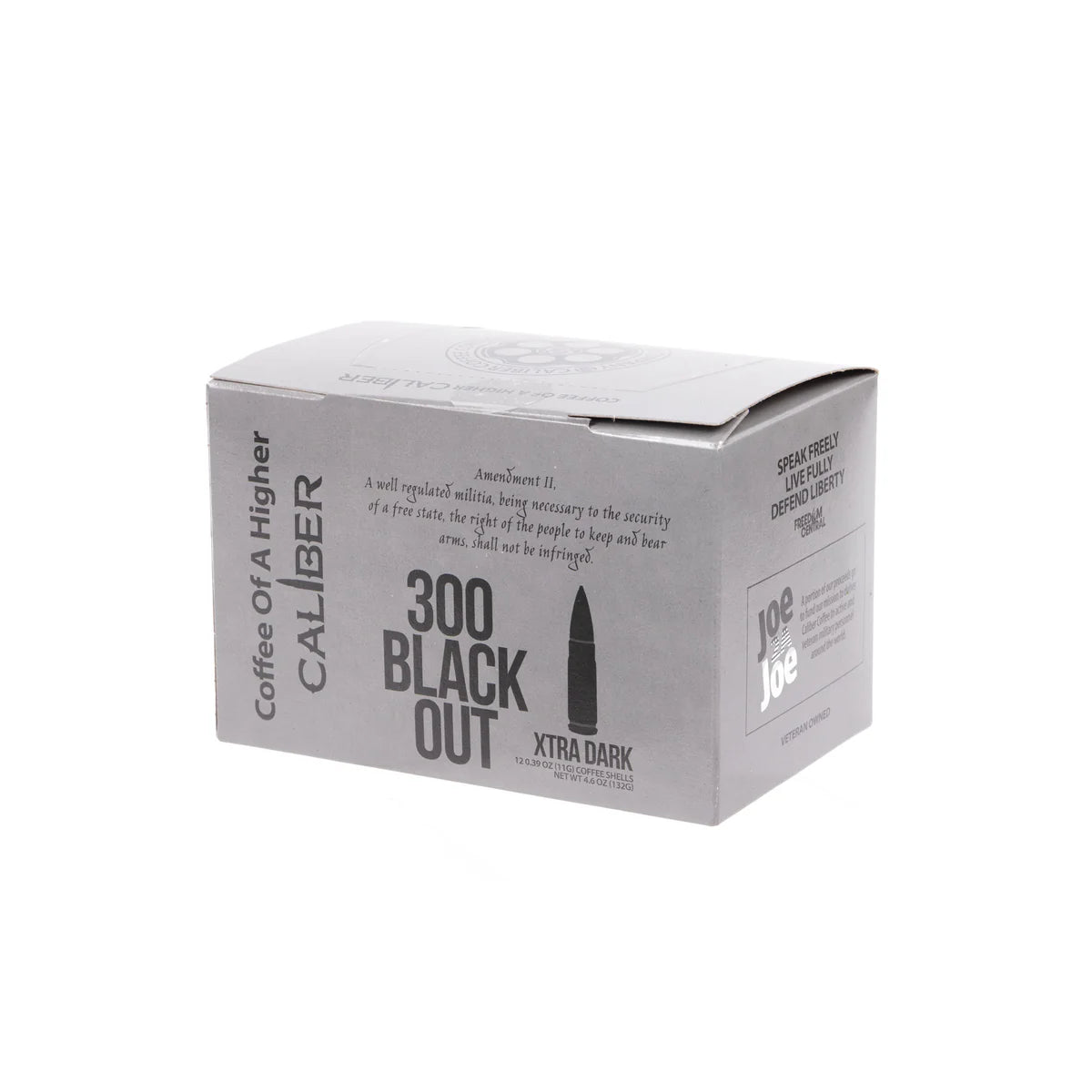 A gray rectangular box of specialty grade coffee from Caliber Coffee Company is labeled Dark Roast 300 Blackout Single-Serve Shells. The design mimics ammo packaging with Coffee of a Higher Caliber text, plus rights protection and logo details on the side.