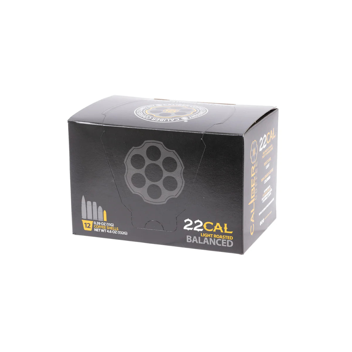 Enjoy 12 single-serve coffee pods labeled Light Roast .22 Cal Single-Serve Shells by Caliber Coffee Company. The design mimics a revolver cylinder, with black packaging featuring gold and white text. Savor our specialty-grade coffee thats smooth and refined.