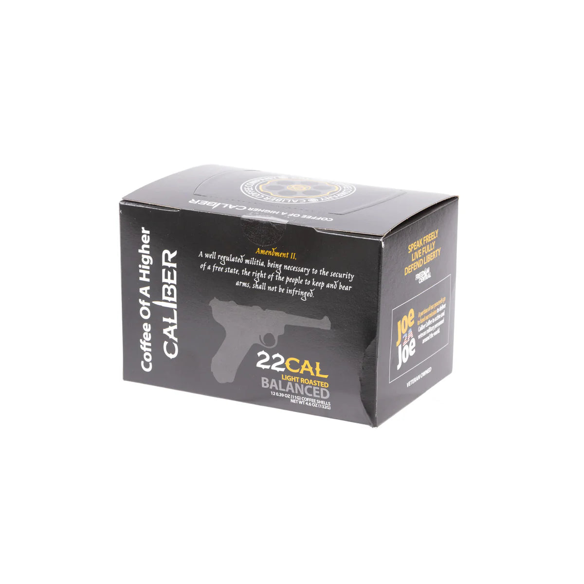 A black box of specialty-grade coffee features a silhouette of a gun with Coffee of A Higher Caliber. It promotes 22 Cal Light Roasted Balanced single-serve coffee by Caliber Coffee Company. The text includes the gold and white quote, A well regulated militia.