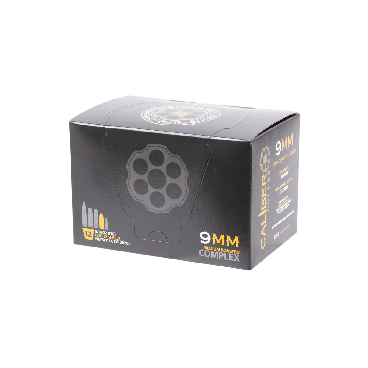 A black box, styled like a revolver barrel, labeled Caliber Coffee Company features Medium Roast 9MM Single-Serve Shells. It contains 12 Colombian coffee pods, each weighing 0.42 oz.