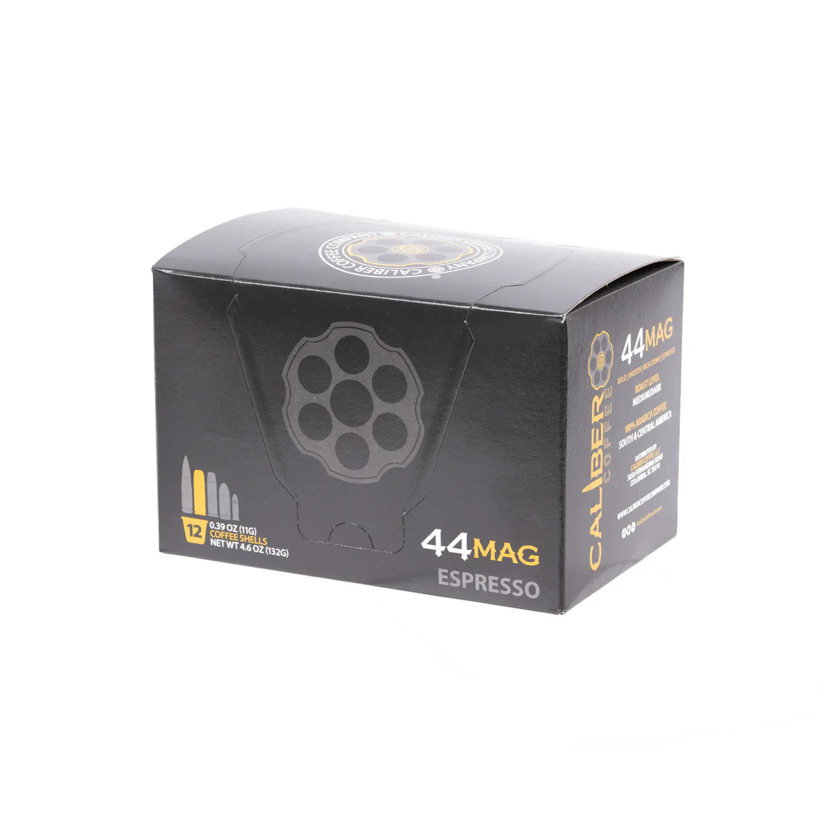 The Caliber Coffee Companys Espresso Roast .44 Mag Single-Serve Shells comes in a black box designed like ammo packaging, labeled with yellow and white text and decorated with bullet cartridge illustrations. Inside, youll find 12 artisan-roasted single-serve cups.