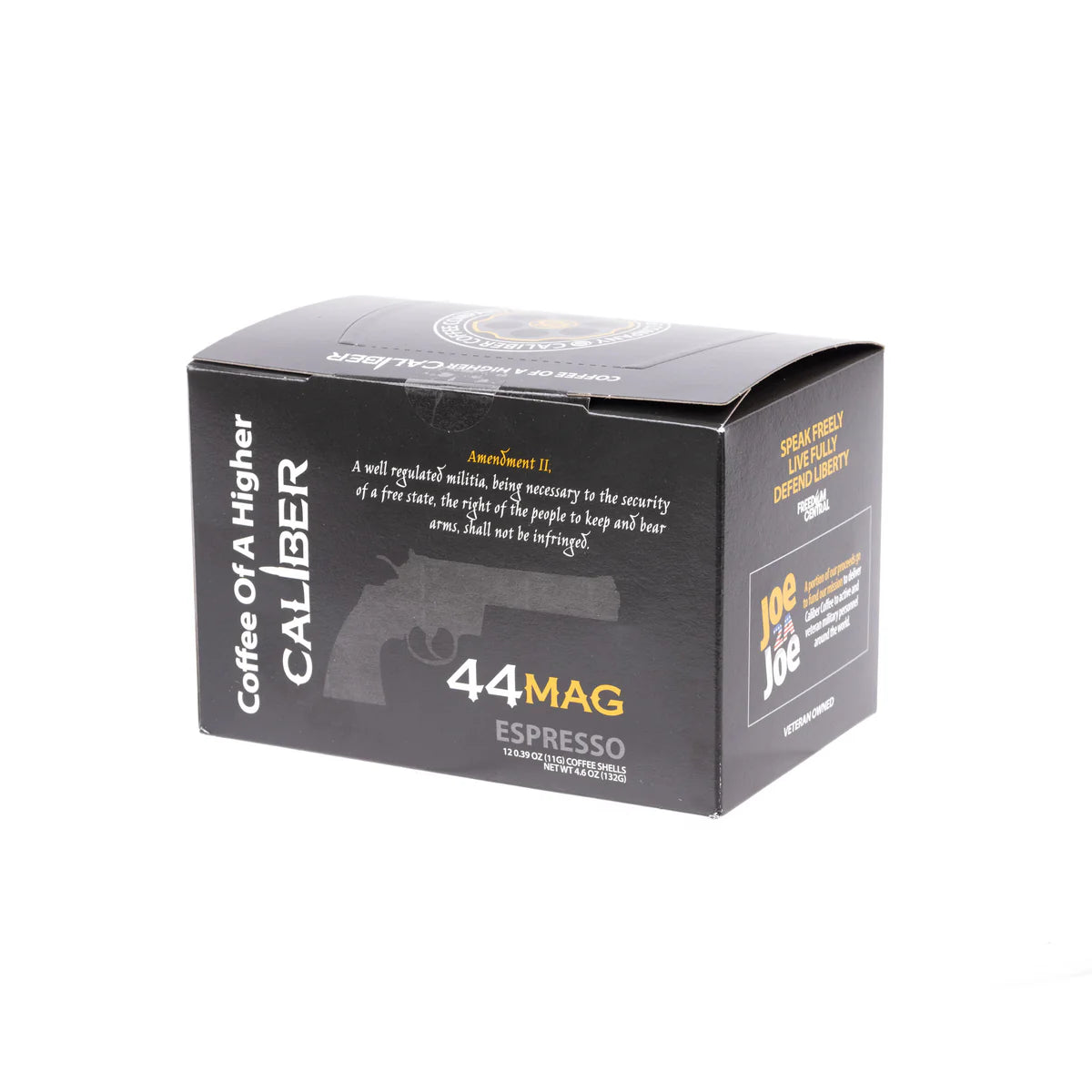 The predominantly black box with white text from Caliber Coffee Company highlights its Artisan Roasted beans with the tagline Coffee of a Higher Caliber. A quote on the right to keep and bear arms is featured on this box of Espresso Roast .44 Mag Single-Serve Shells.