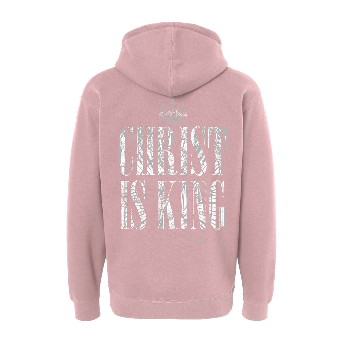 Back view of a pink Christ is King Premium Hoodie, featuring a white graphic on the center back that reads CHRIST IS KING with a crown icon above the text.