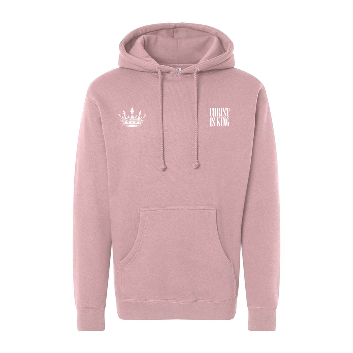 Pink Christ is King Premium Hoodie featuring a white crown icon on the left chest and the text CHRIST IS KING on the right.