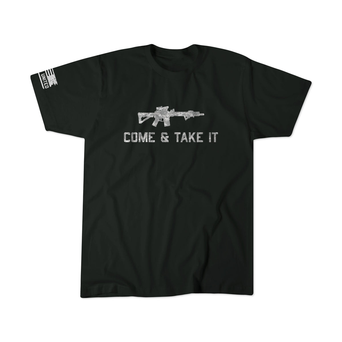 Support your 2nd Amendment rights with the "Come and Take It" tee from Born United Private Label. This black patriotic shirt features a striking rifle graphic above the bold slogan COME & TAKE IT, while an American flag design on the right sleeve adds to its powerful statement.