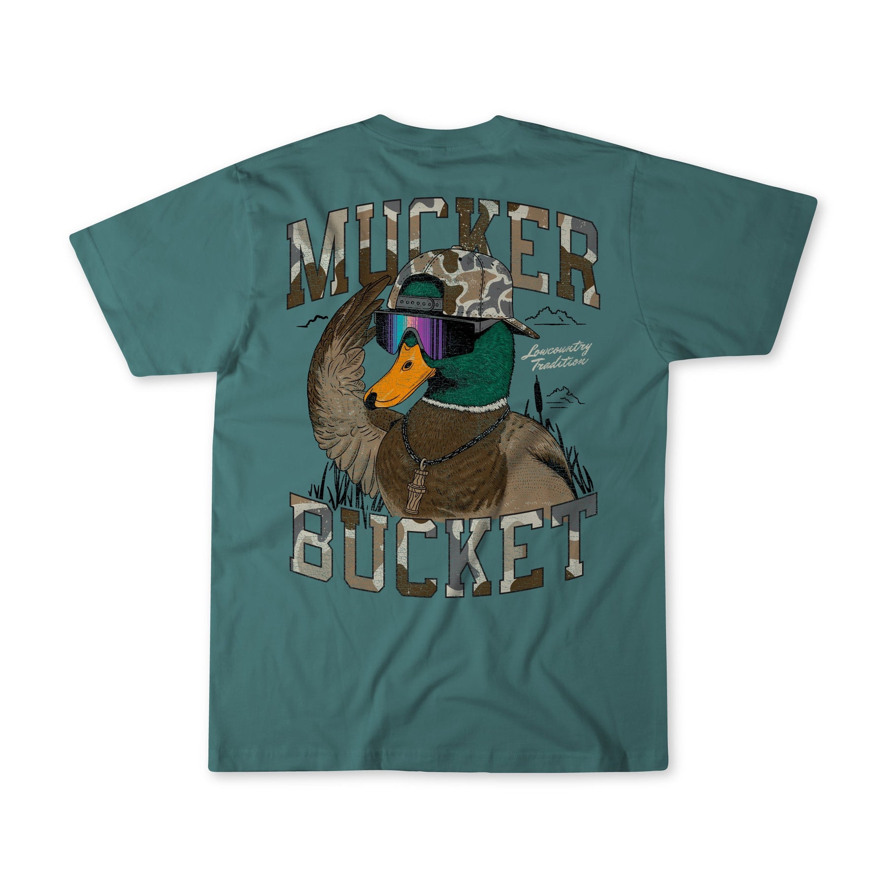 The Mucker Bucket Cool Duck Premium Tee is a teal, ring-spun cotton t-shirt with a large mallard duck graphic in camo hat and sunglasses, and bold “MUCKER BUCKET” lettering above and below. Soft for all-day comfort.