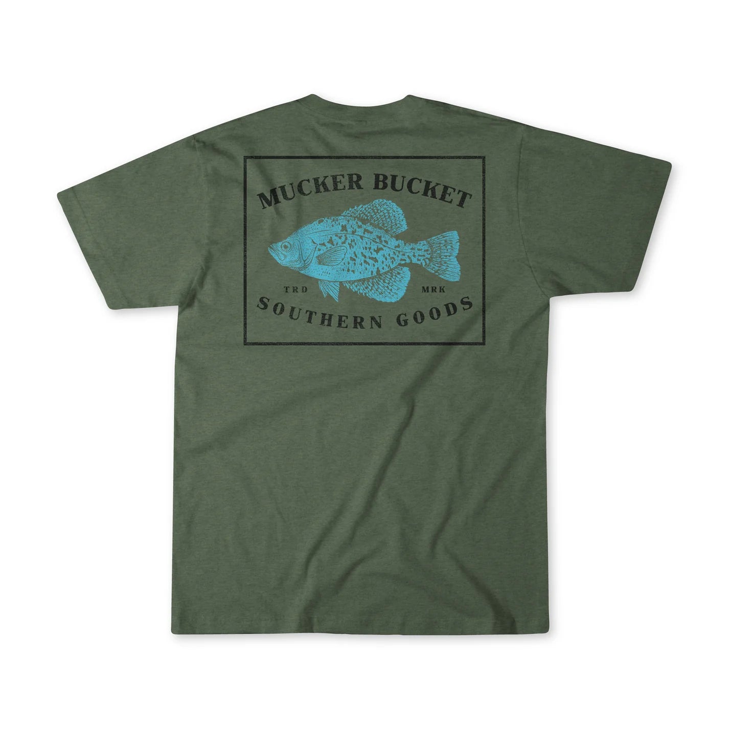 This premium Crappie Tee from Mucker Bucket features a large blue fish graphic on the back with MUCKER BUCKET and SOUTHERN GOODS in bold black letters. Made from garment-dyed, ring-spun cotton, it offers a relaxed fit ideal for any casual outing.