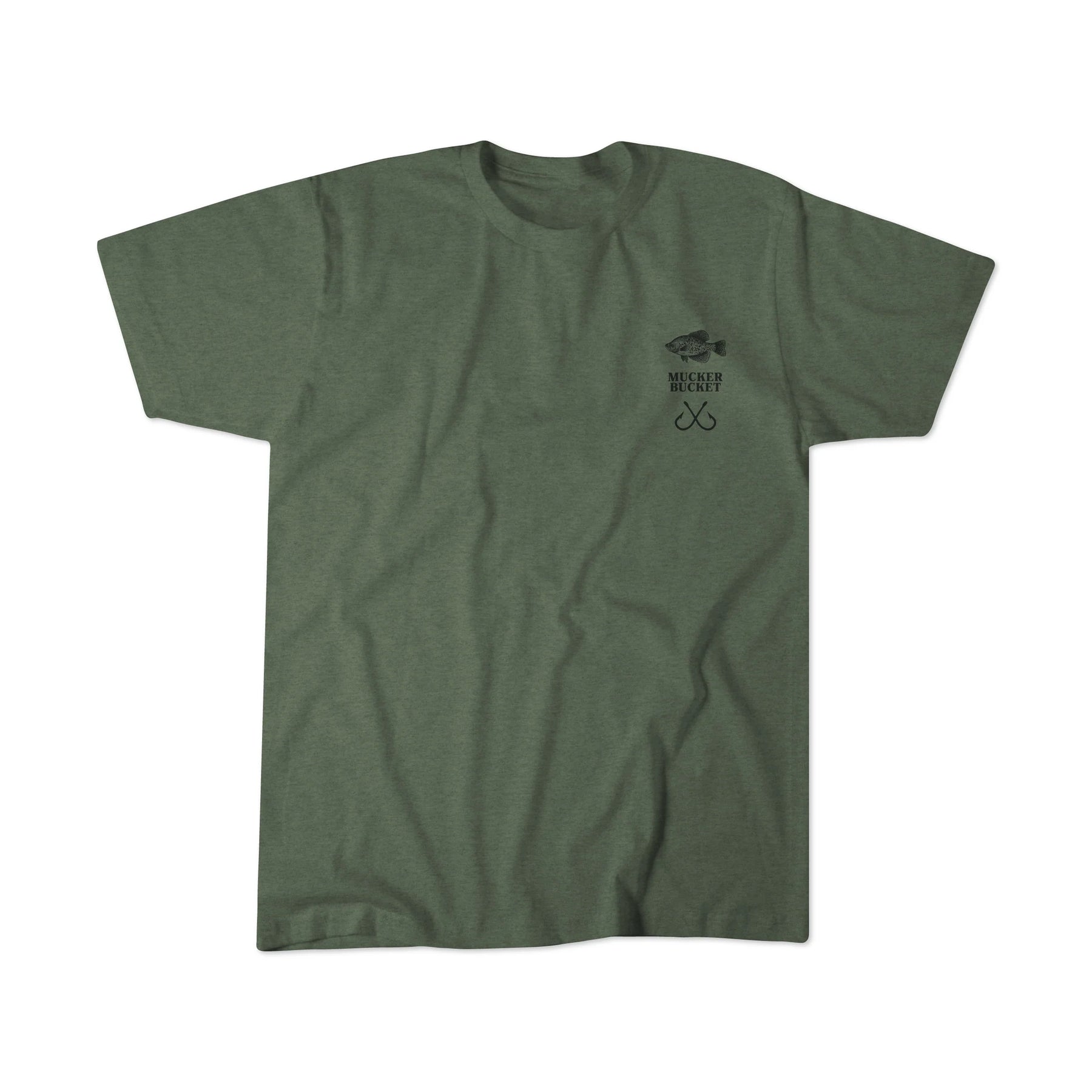The Crappie Premium Tee by Mucker Bucket is an olive green, garment-dyed, ring-spun cotton t-shirt. It features a small black fish graphic, the word Misery, and a hook on the chest. The premium relaxed-fit tee is displayed on a plain white background.