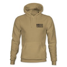 The LHSG - Hoodie by Tango Charlie Apparel features a tan color, hood, front pocket, and a small black flag and text graphic on the left chest—perfect for fans of the Lift Heavy Shoot Guns lifestyle.