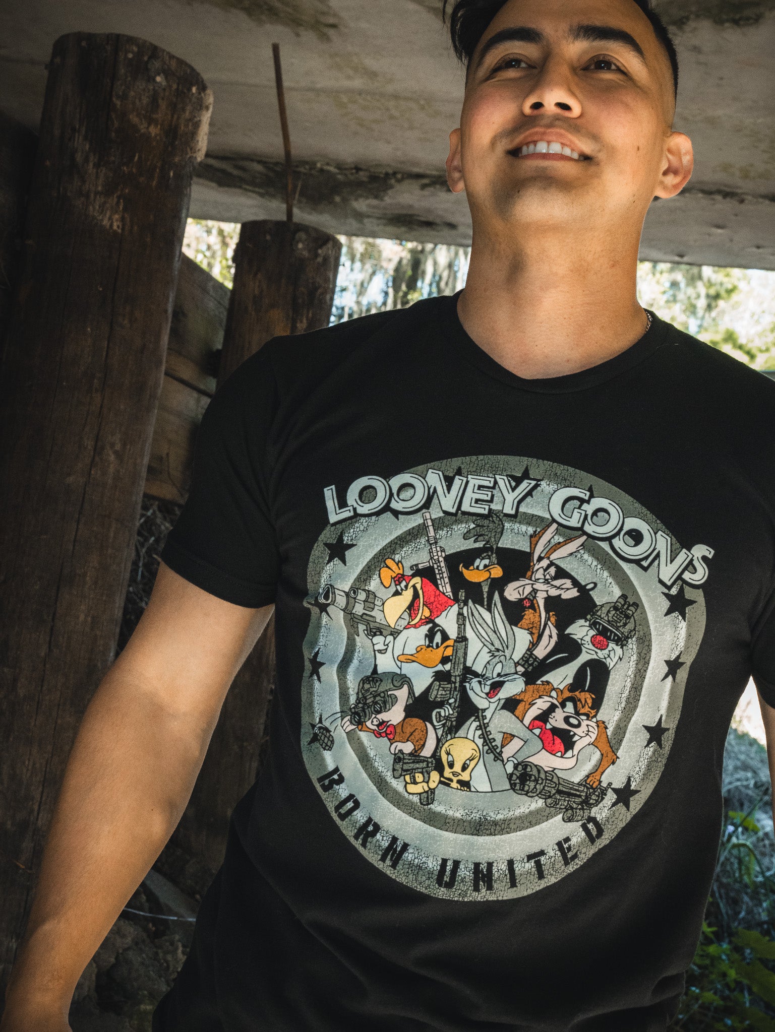 born united - looney goons tee front on model