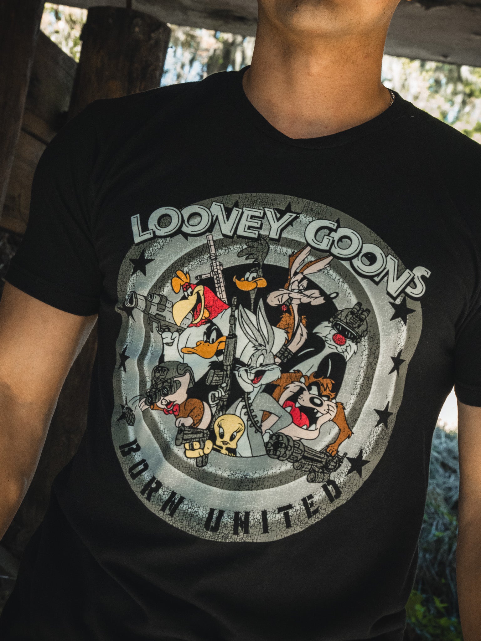 born united - looney goons t-shirt front on model