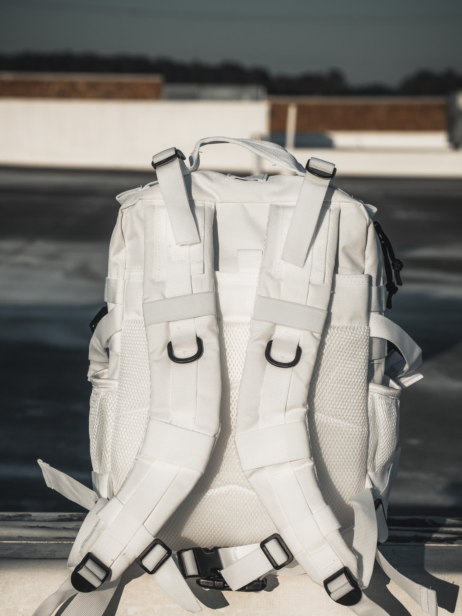The Storm Trooper White Premium Tac-Pac - 25L by Born United Private Label, featuring multiple straps, pockets, and D-ring attachments, sits on a ledge in front of a blurred outdoor backdrop while sunlight highlights its texture and design.