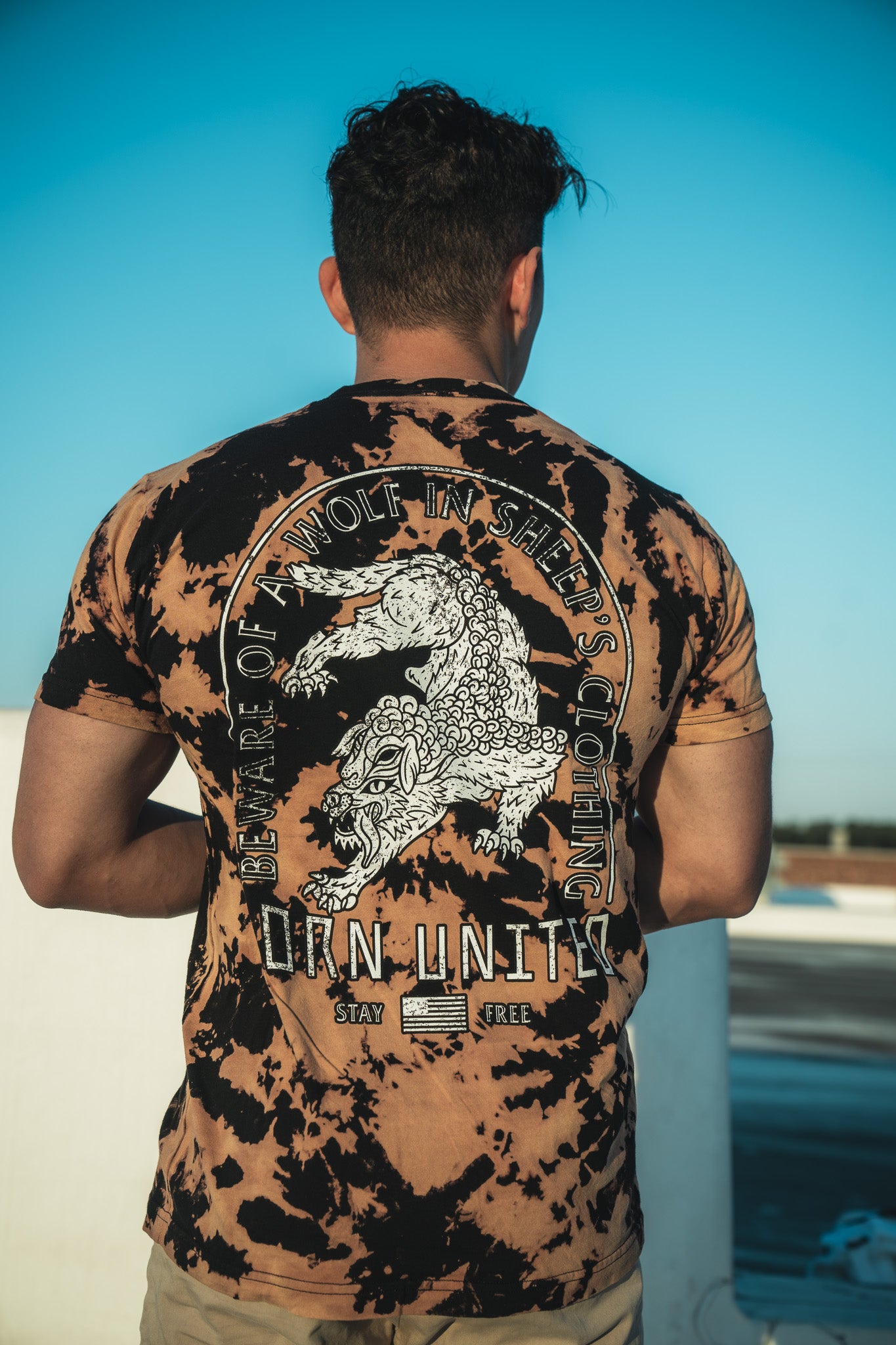 A person with short dark hair stands on a rooftop, facing away, wearing a black and tan bleach wash t-shirt from Born United Private Label. It features savage wolves and the text Beware of a wolf in sheeps clothing. The sky is clear and blue.