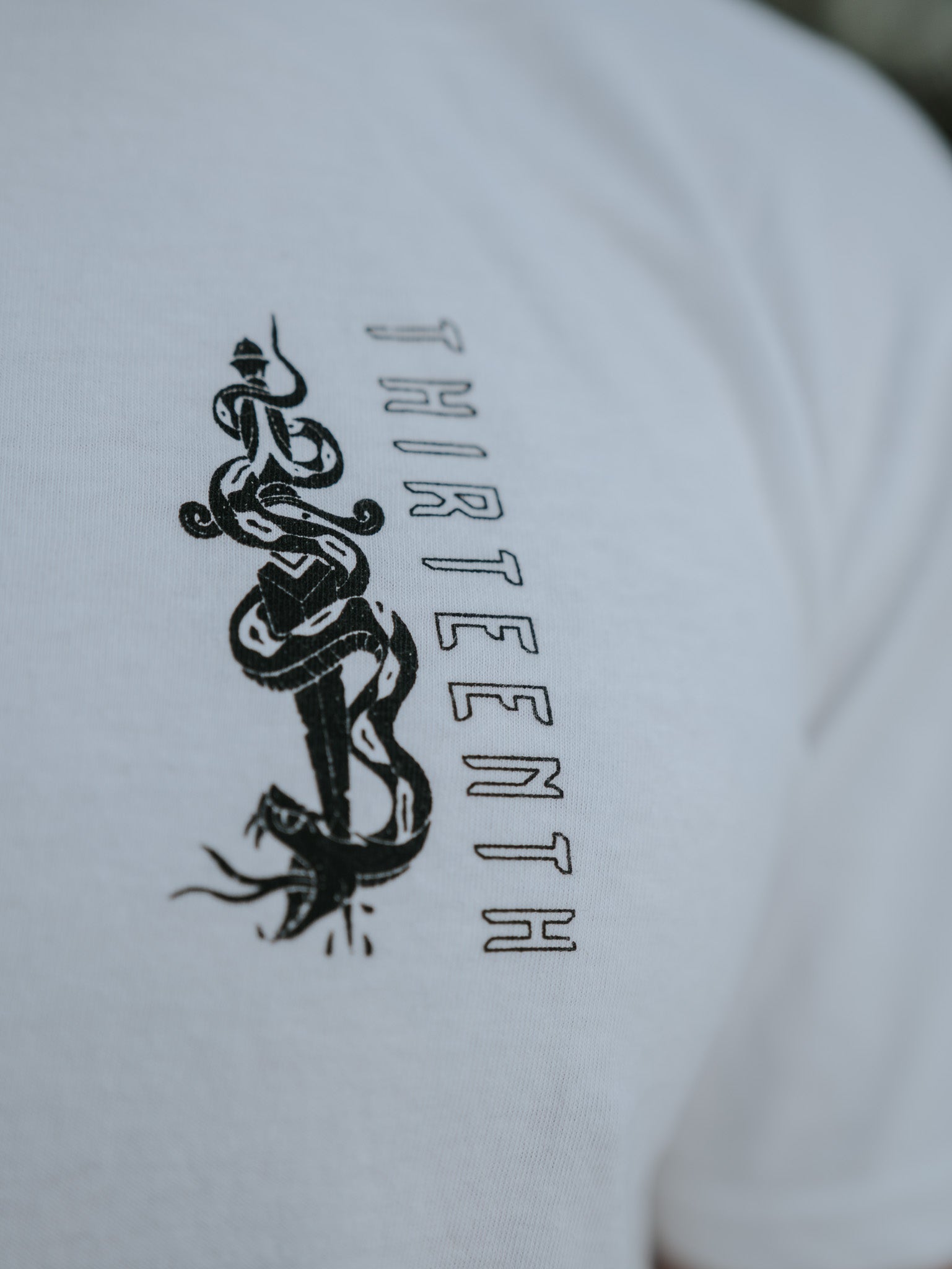 Close-up of the Lucifers Demise Premium Tee- White by 13th, displaying a black design with intertwined snakes and symbols beside the vertical word THIRTEENTH, subtly embodying the Grace of Our Lord against a blurred background.