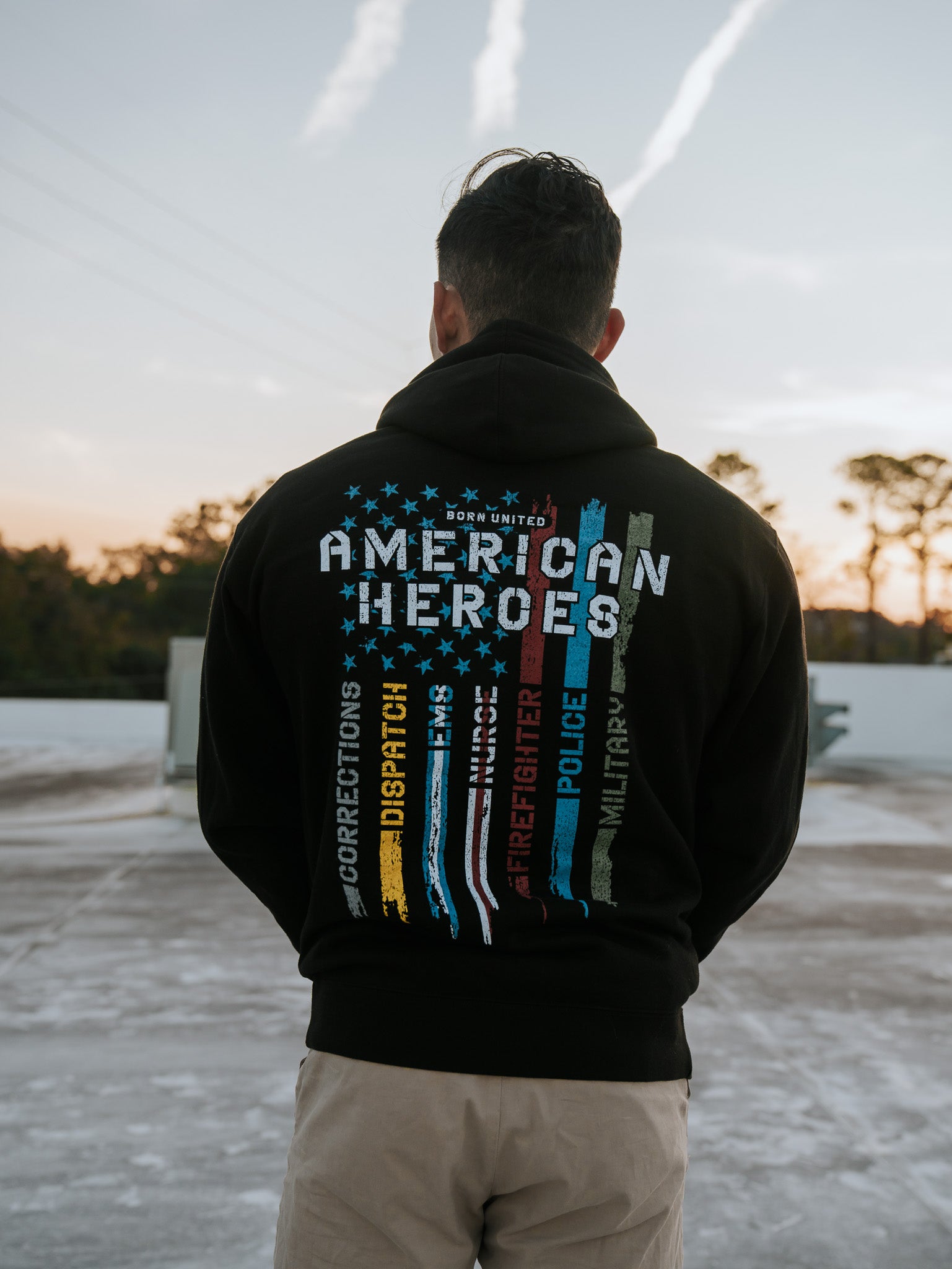 born united - american heroes flag hoodie back on men's model