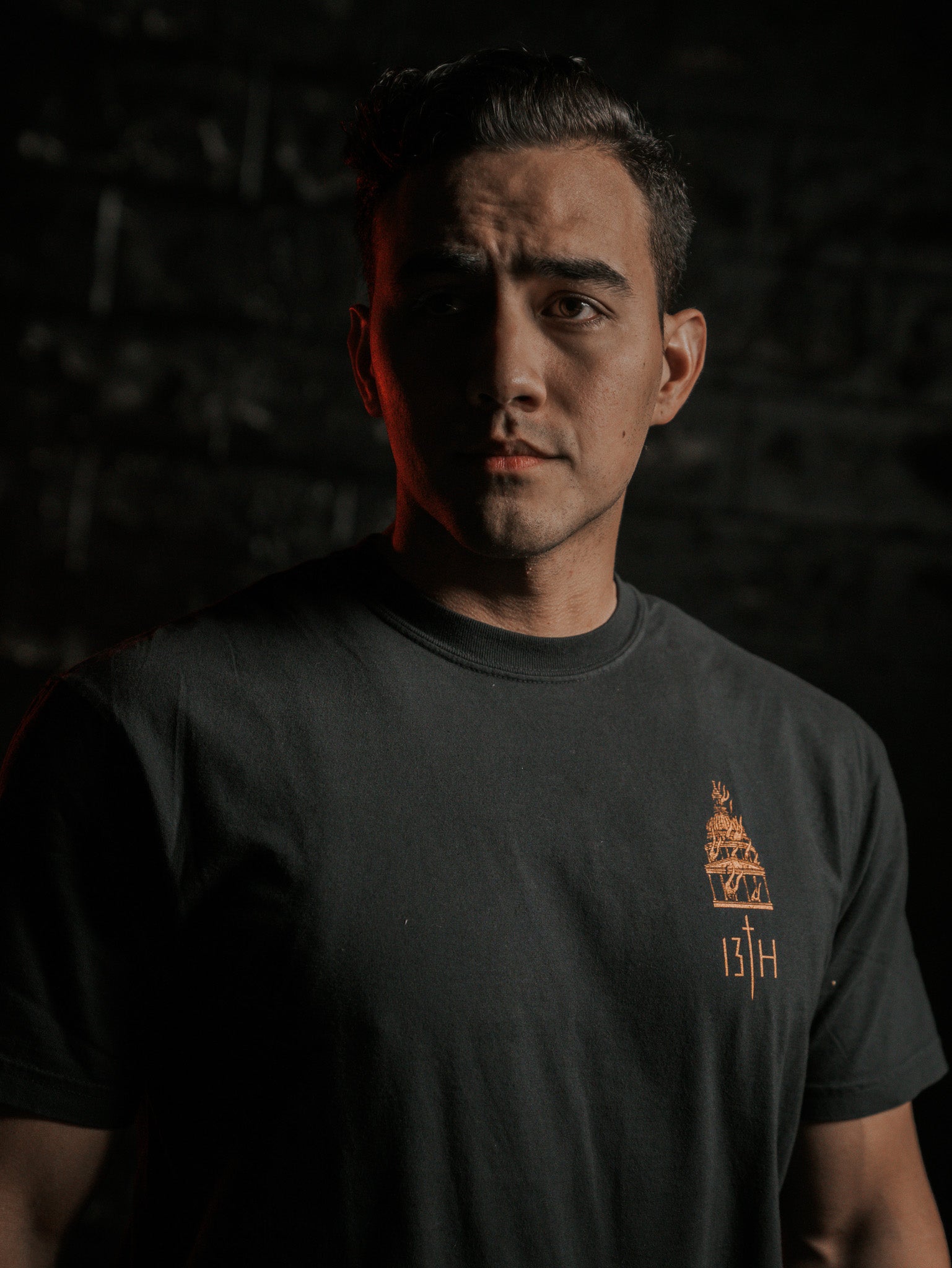 A man with short hair stands in a dimly lit room, embodying lifes essence. He wears the Rise & Fall Premium Tee by 13th, featuring a subtle design and the number 13H, symbolizing humanitys mysterious journey amidst a dark, shadowed background.