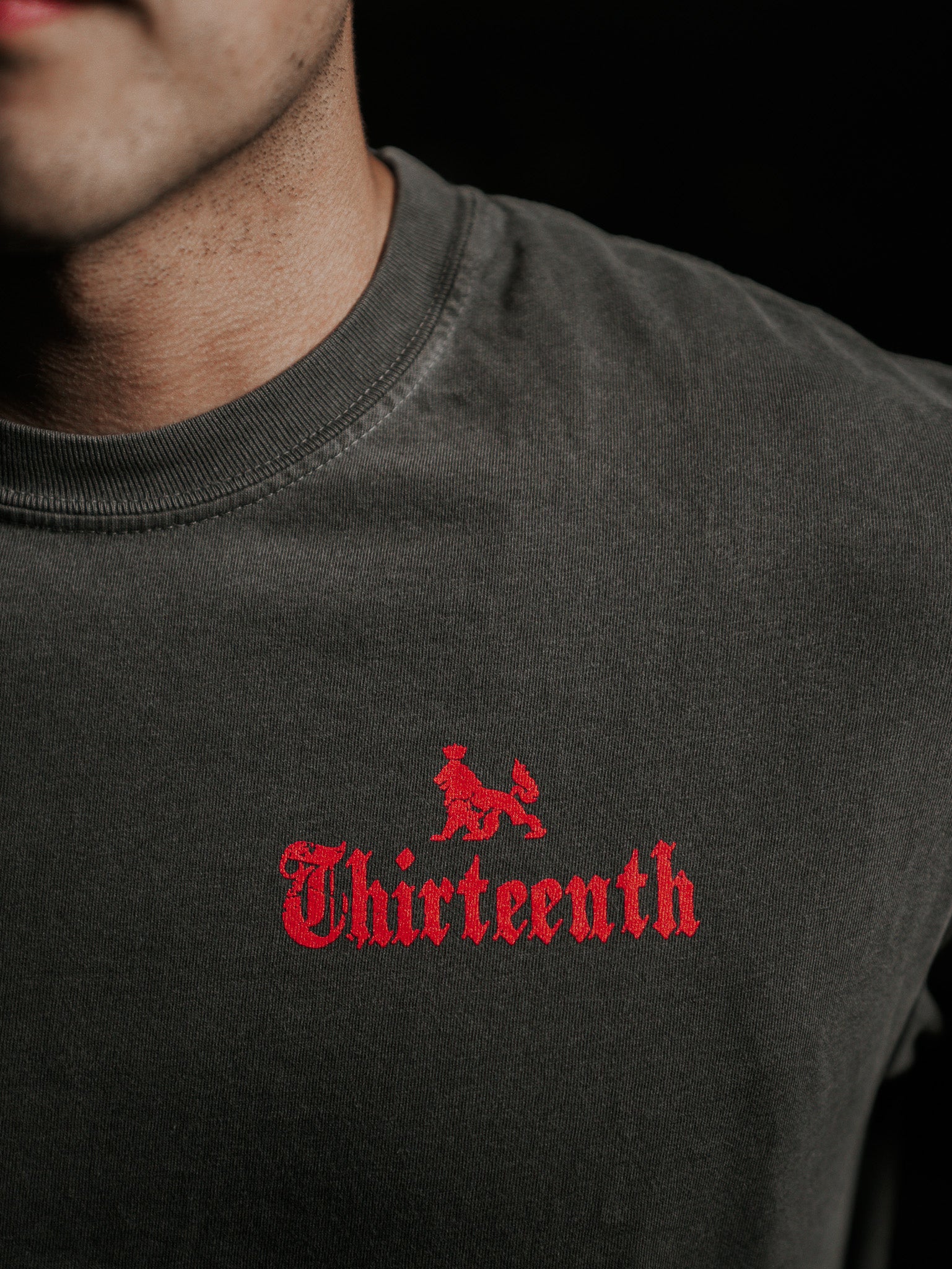 A close-up captures someone in a dark shirt, featuring Thirteenth in red Gothic font and a graphic of King David on horseback. Only the neck and chin are visible against a dark backdrop, embodying strength. Its the Conquerors Premium Tee by 13th.