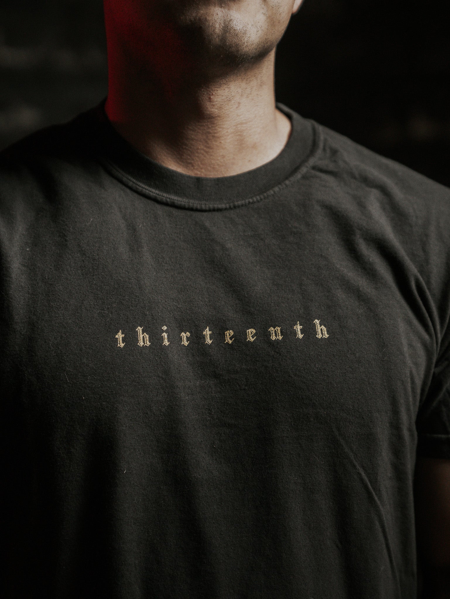 Someone wearing a Deaths Defeat Premium Tee by 13th stands in the shadows, the subtle lighting highlighting thirteenth in a small, stylized font—a quiet nod to victory over darkness.