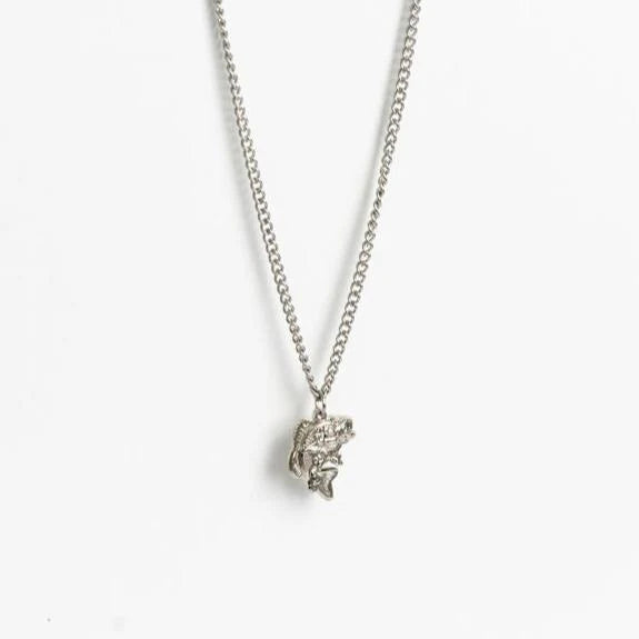 The Big Bass America Necklace by Mucker Bucket showcases an elegant stainless steel chain with a small, intricately designed pendant resembling a brain. Made in the USA, its highlighted against a plain white background, emphasizing its unique craftsmanship.