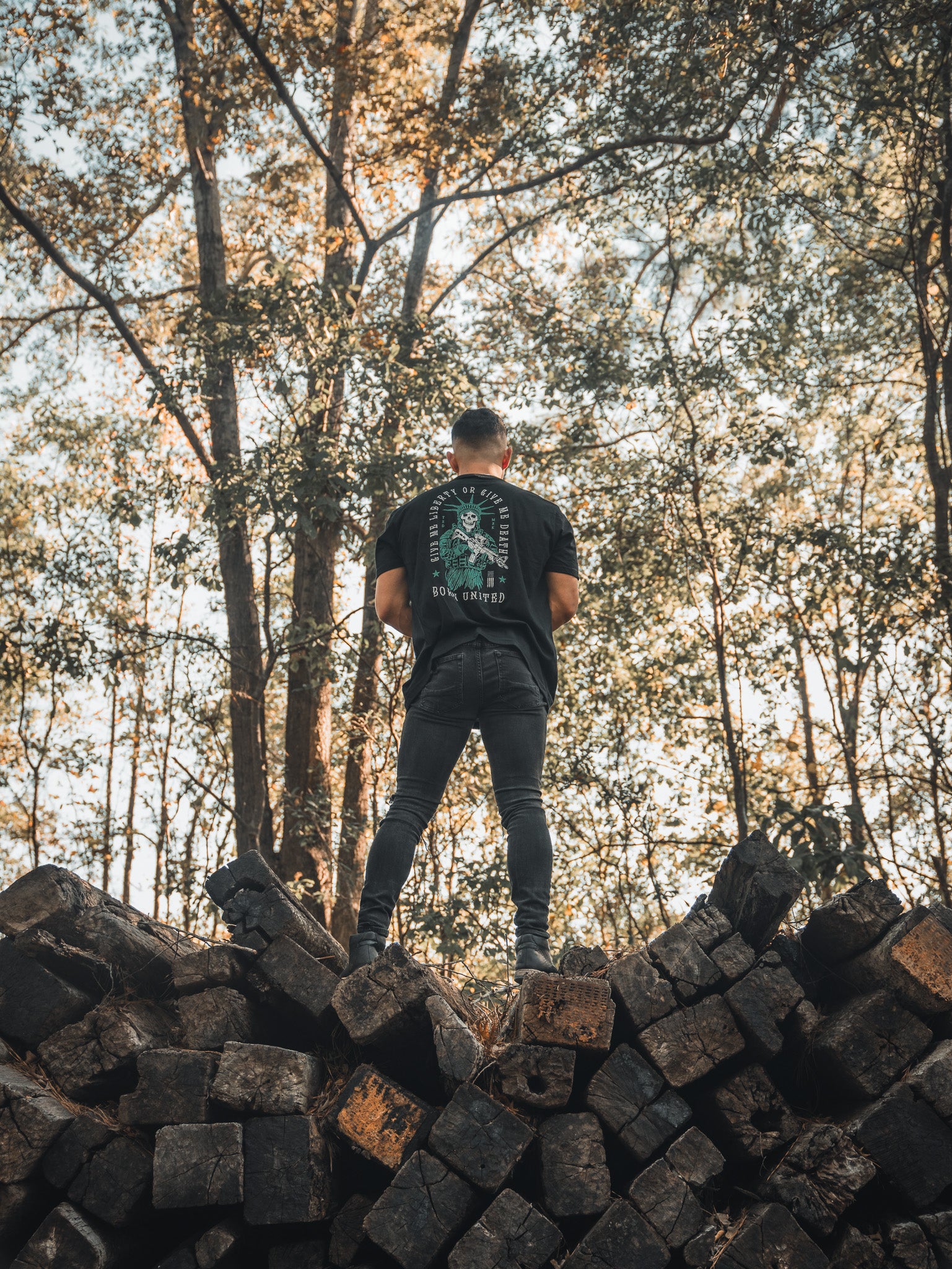 born united - black liberty or death t-shirt on model