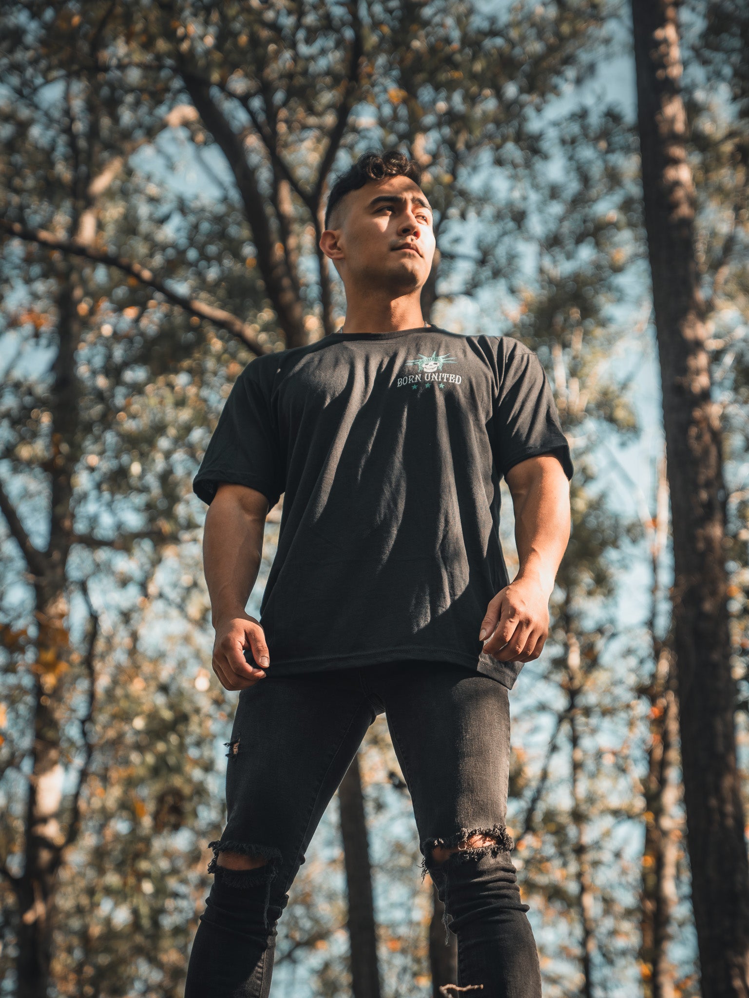 born united - black liberty or death tee shirt on model