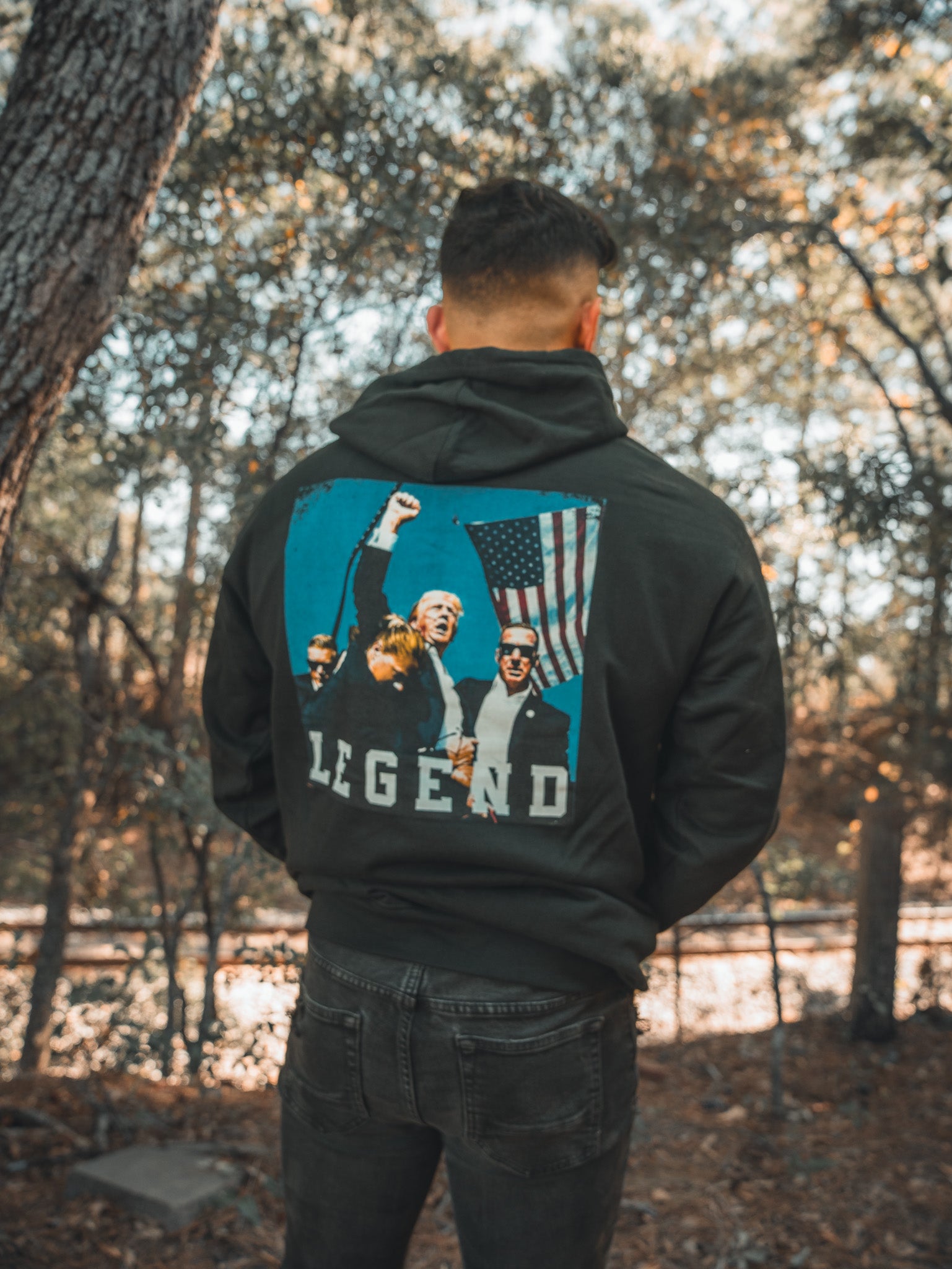 born united - forever legend black trump hoodie on model