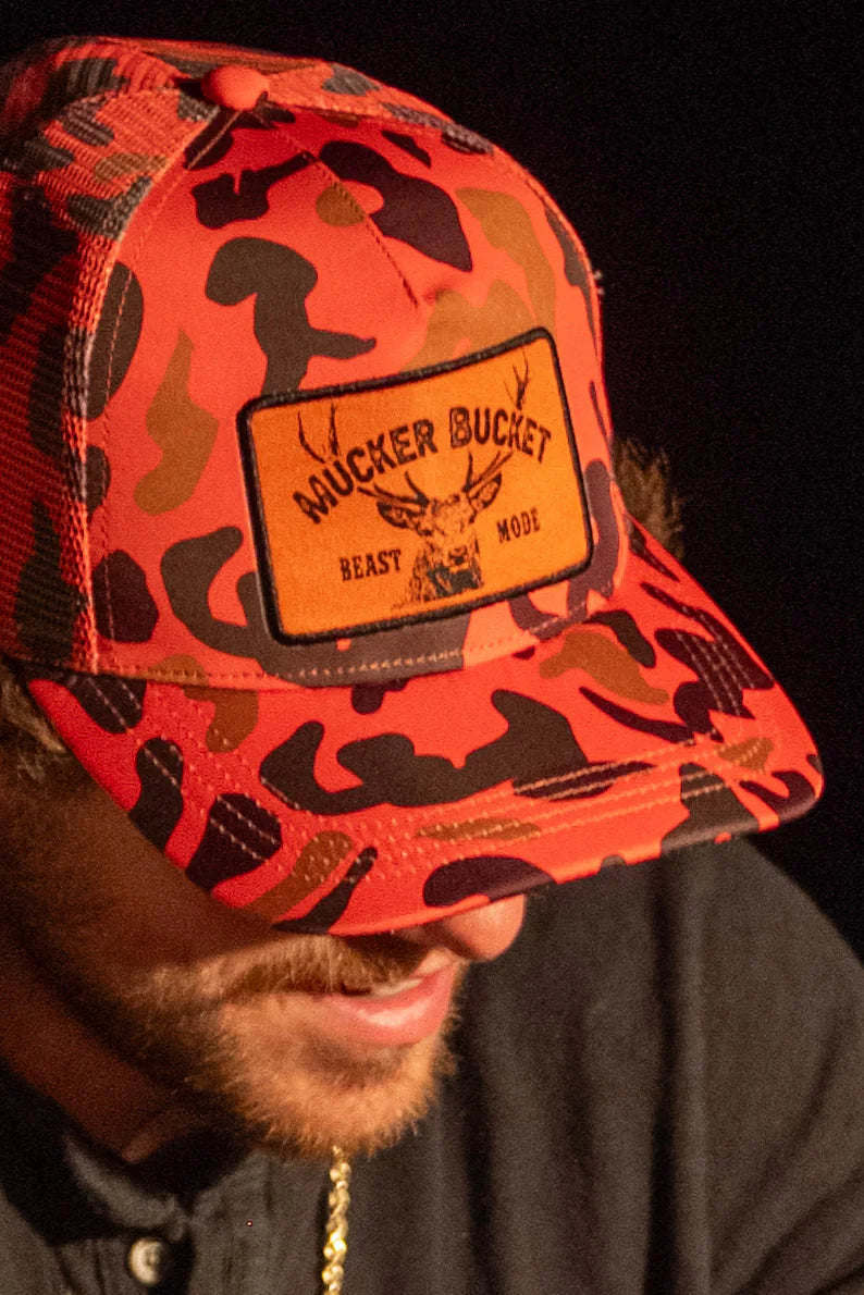 mucker bucket - "beast mode" orange camouflage trucker hat