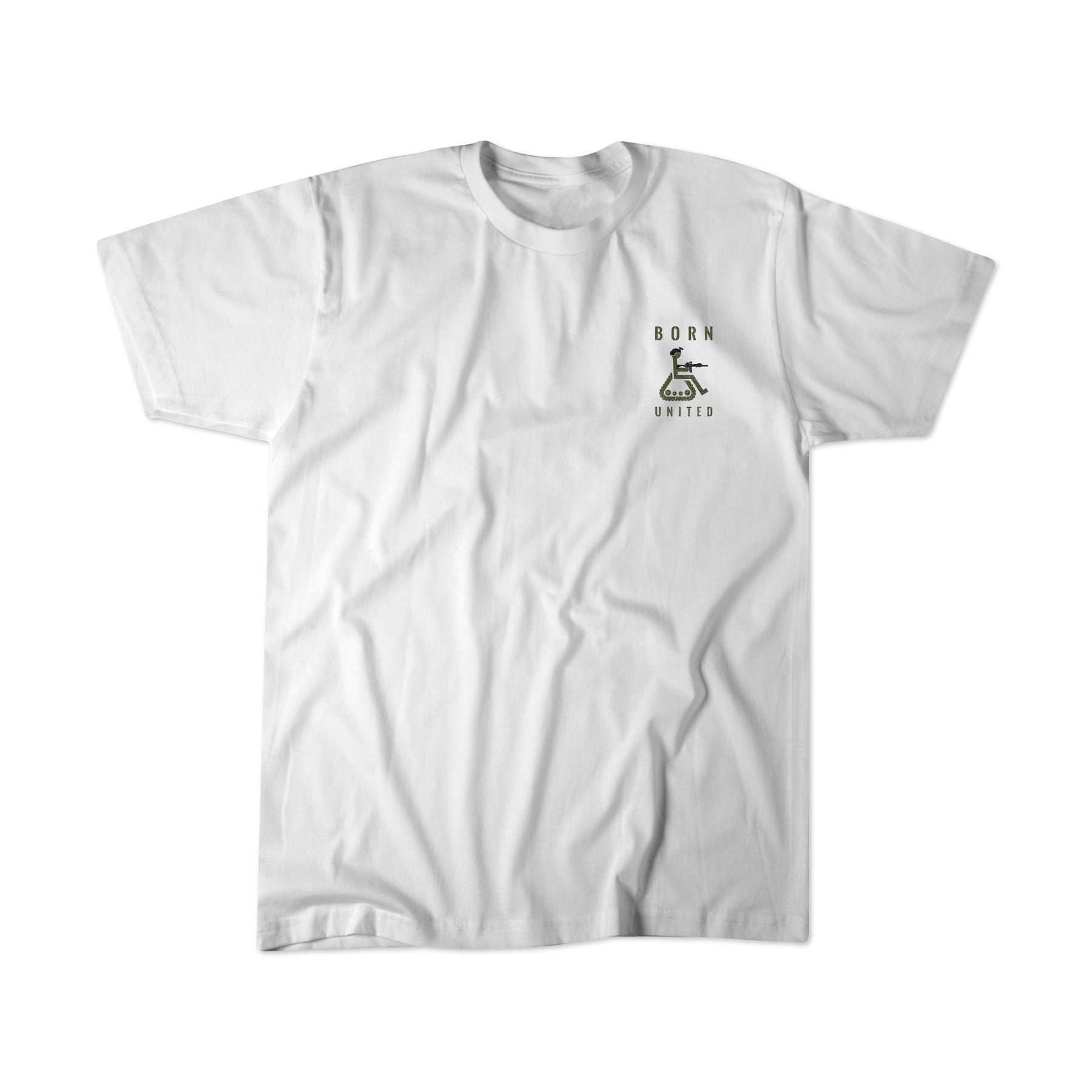 The Disabled Vet - White tee from Born United Private Label features a small black clenched fist and wrench graphic with BORN UNITED on the left chest, laid flat on a plain surface.