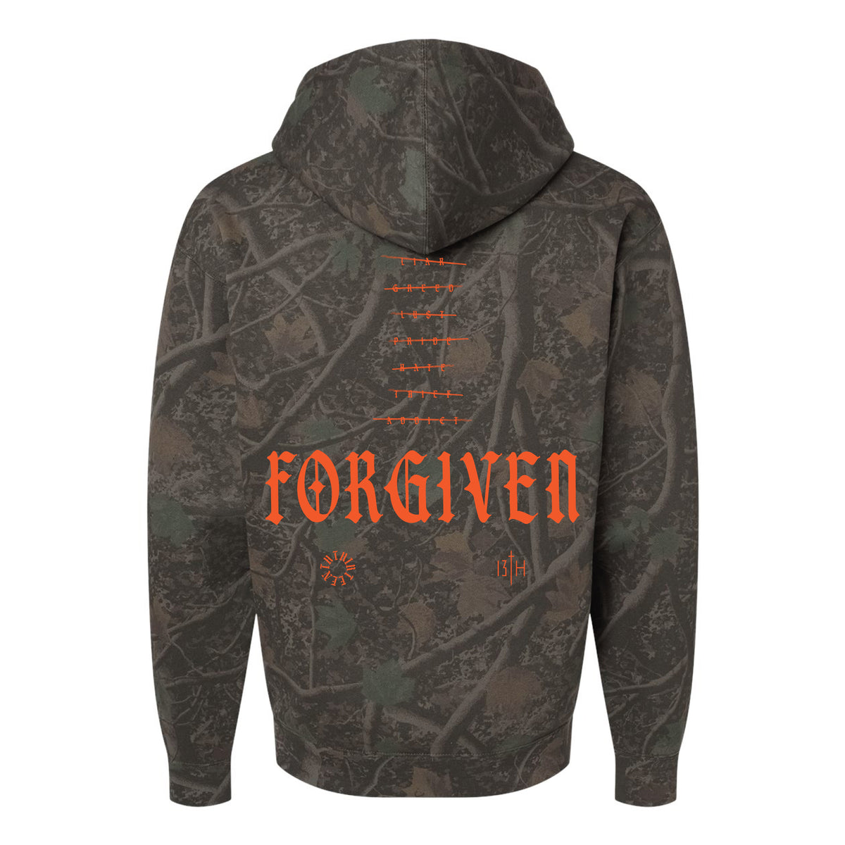 Back view of a Forgiven Darkwood Camo Premium Hoodie featuring the orange text FORGIVEN above the crossed-out words liar and thief.