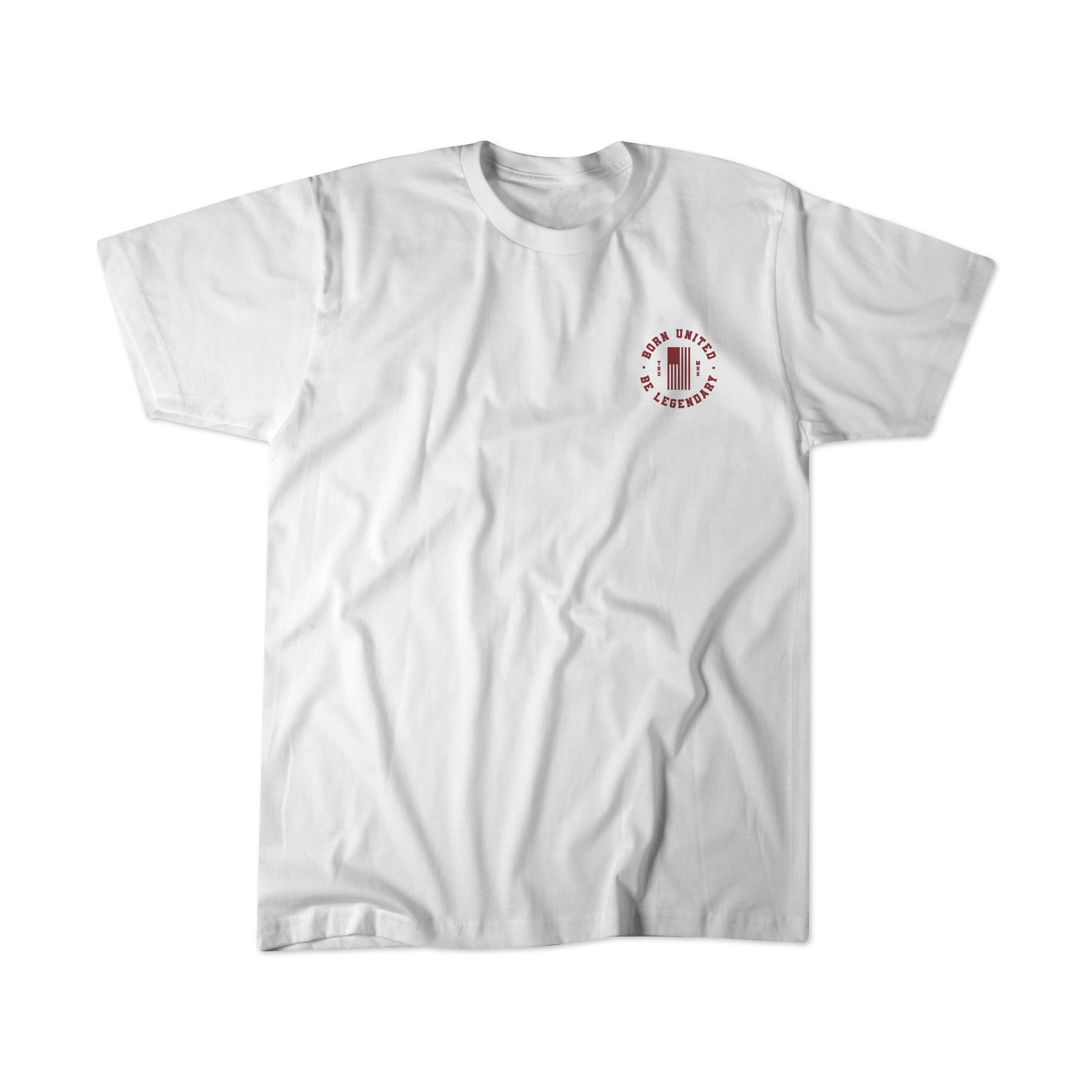 The Legends - Shrimp Co. T-shirt by Born United Private Label features a classic white design with a small red circular emblem and text on the left chest, ideal for casual wear or layering.