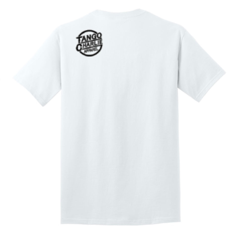 The “Thank You, have a Nice Lift” tee by Tango Charlie Apparel is shown from the back, featuring a small black circular logo near the top. Made from a soft cotton-poly blend for all-day comfort.